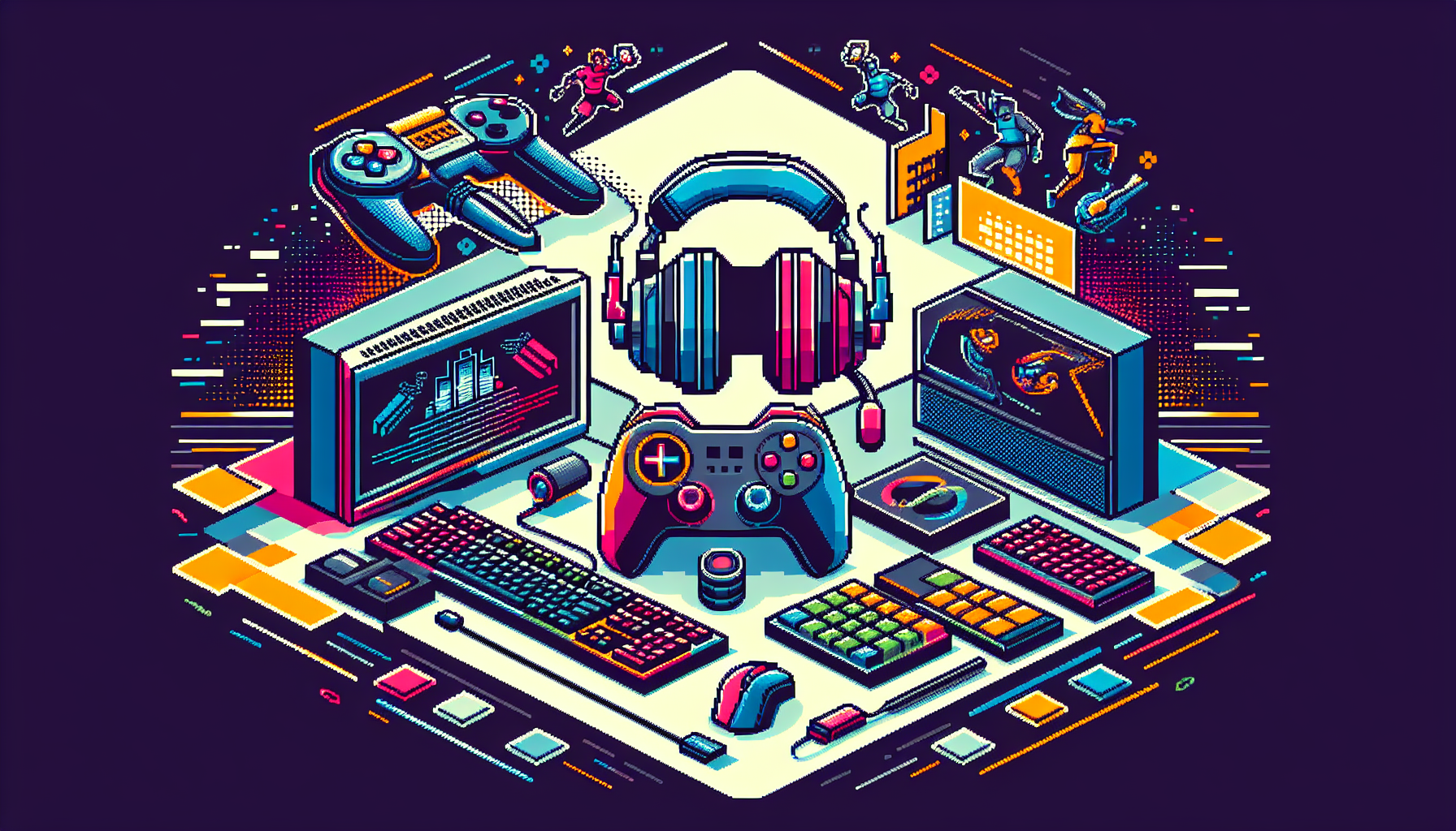 Create an image that illustrates advancements in the esports industry, showcasing the latest technology and innovation. Make it colorful and modern in appearance. The art style should mimic 8-bit pixel art, capturing the visual aesthetic of vintage video games. Images may include elements such as headset, gaming console, keyboard, mouse, and an esports arena but should strictly avoid including any specific gaming titles or characters.