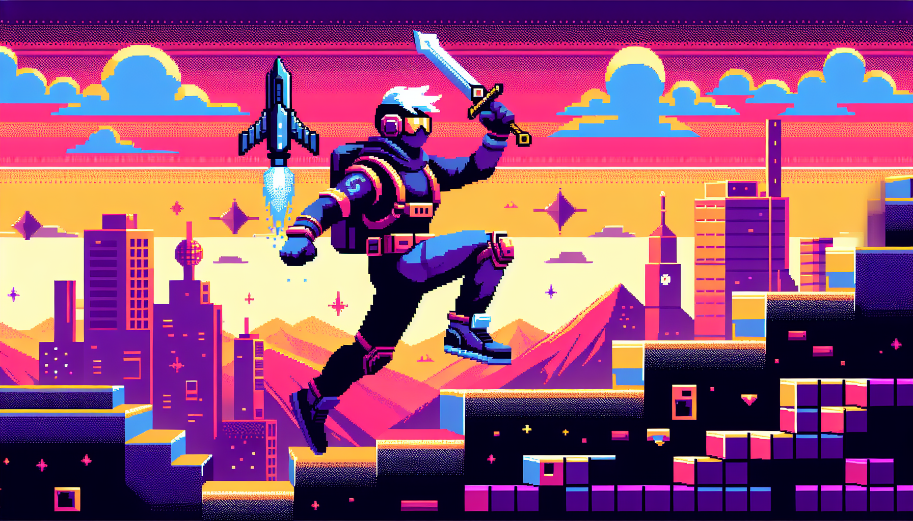 Create a vibrant, modern interpretation of a video game setting, adopting the 8-bit pixel art style. The scene should provide a visual representation of performance optimization in eSports, perhaps a game character skillfully conquering a challenging level, fueling with a power-up, or upgrading their equipment for better gameplay.