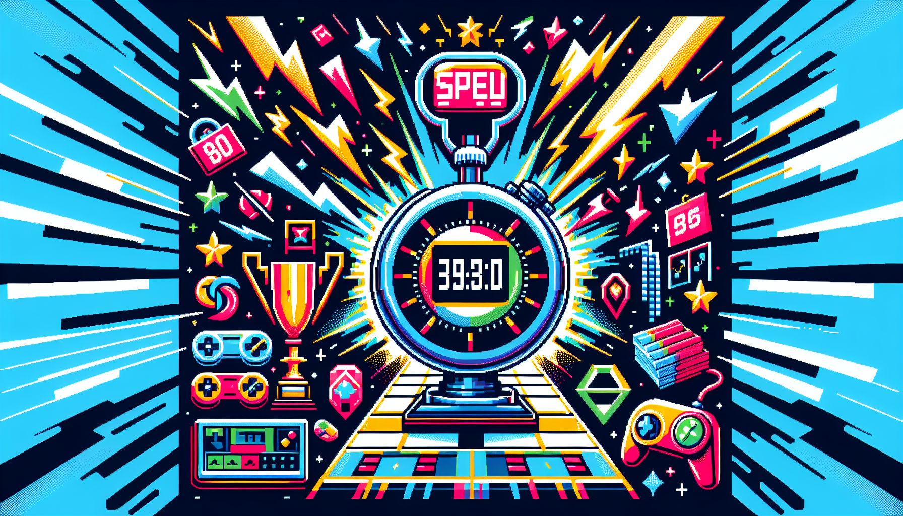 A vibrant and contemporary image in pixel art style that pays homage to the exhilarating world of esports. In the design, incorporate various elements related to speedrunning: a stopwatch with its needles moving at superfast speed indicating the heart-pounding countdown, electrifying speed marks radiating from popular gaming consoles, and a leaderboard flashing record-breaking times. A trophy or medal can also be displayed to signify achievement. All these elements should be in the graphic 8-bit style to reinforce the gaming theme.