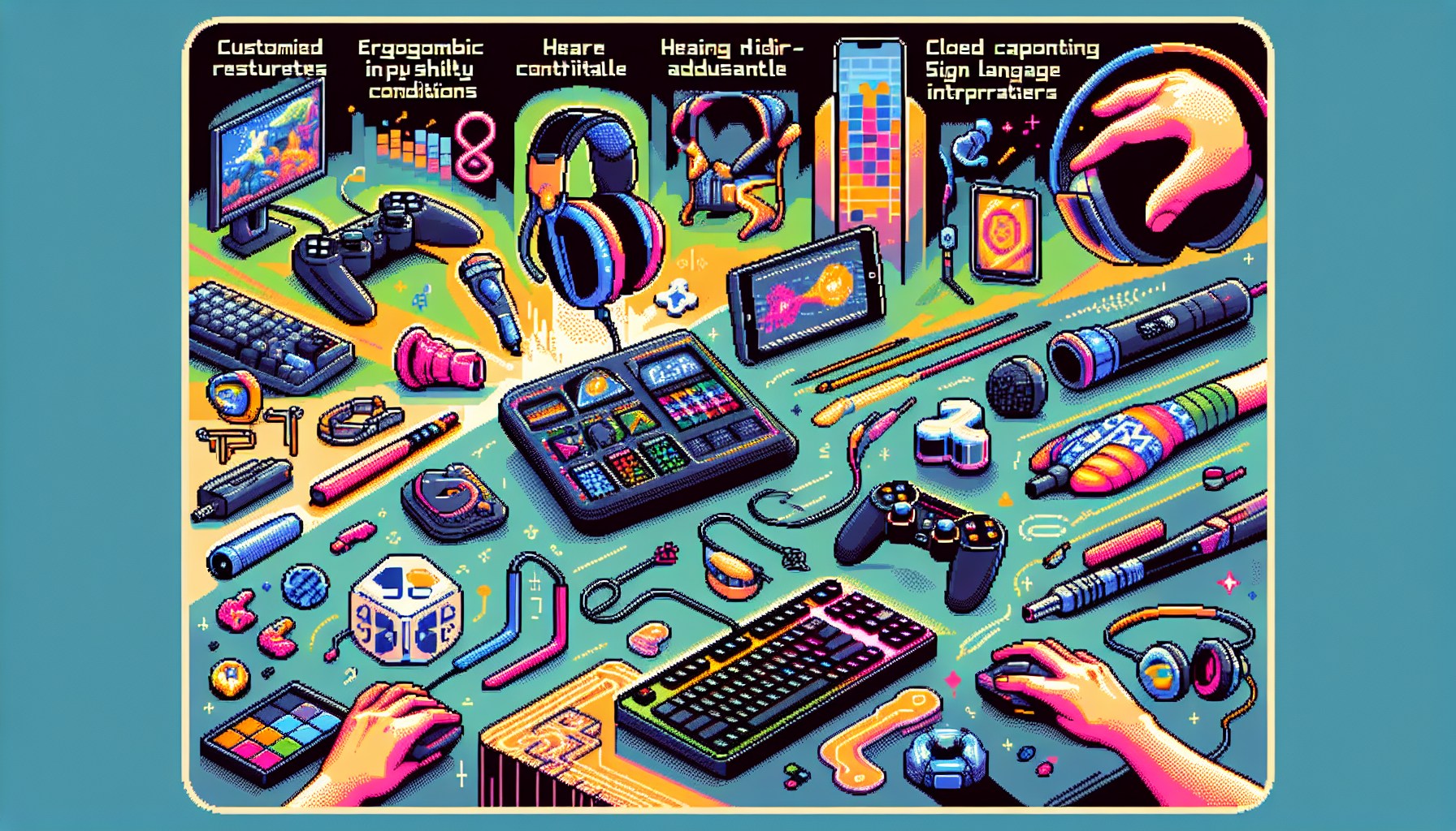 An illustration in a detailed pixel art, specifically in 8-bit style. The scene presents tools and resources that represent accessibility in esports games. Think ergonomic game controllers adapted for various physical conditions, hearing aid-compatible headphones, voice-to-text features, customized keyboards for easy reach and navigation, color contrast adjustments, closed captioning, and A.I-powered sign language interpreters. The vibe of the image should be modern, vibrant, filled with bright and colourful spectrum, echoing the dynamic spirit of esports. Elements are neatly positioned for clarity while maintaining an engaging visual harmony.