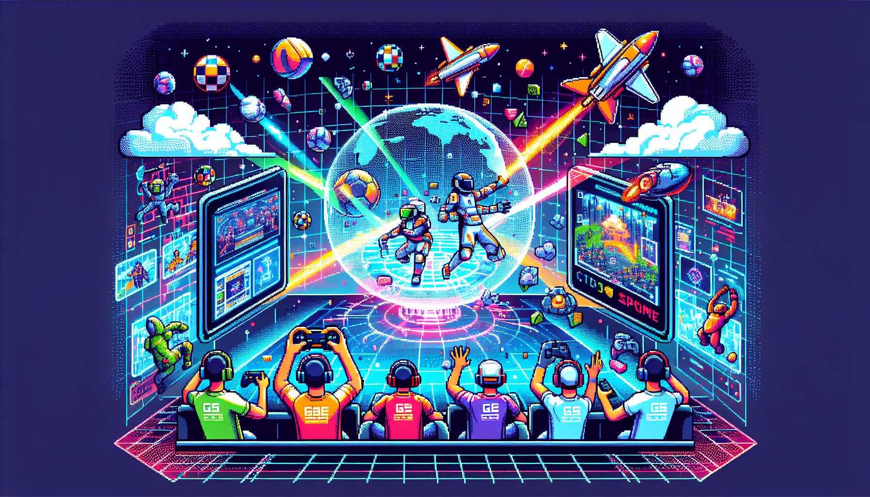 Create an image demonstrating the enhancement of esports through the use of augmented reality. Display a new level of immersion with players engrossed in the digital world, interacting with holographic game elements. The illustration should not contain any text. It should exude a colorful and modern vibe, and be entirely in 8-bit pixel art style to pay homage to the roots of video gaming.