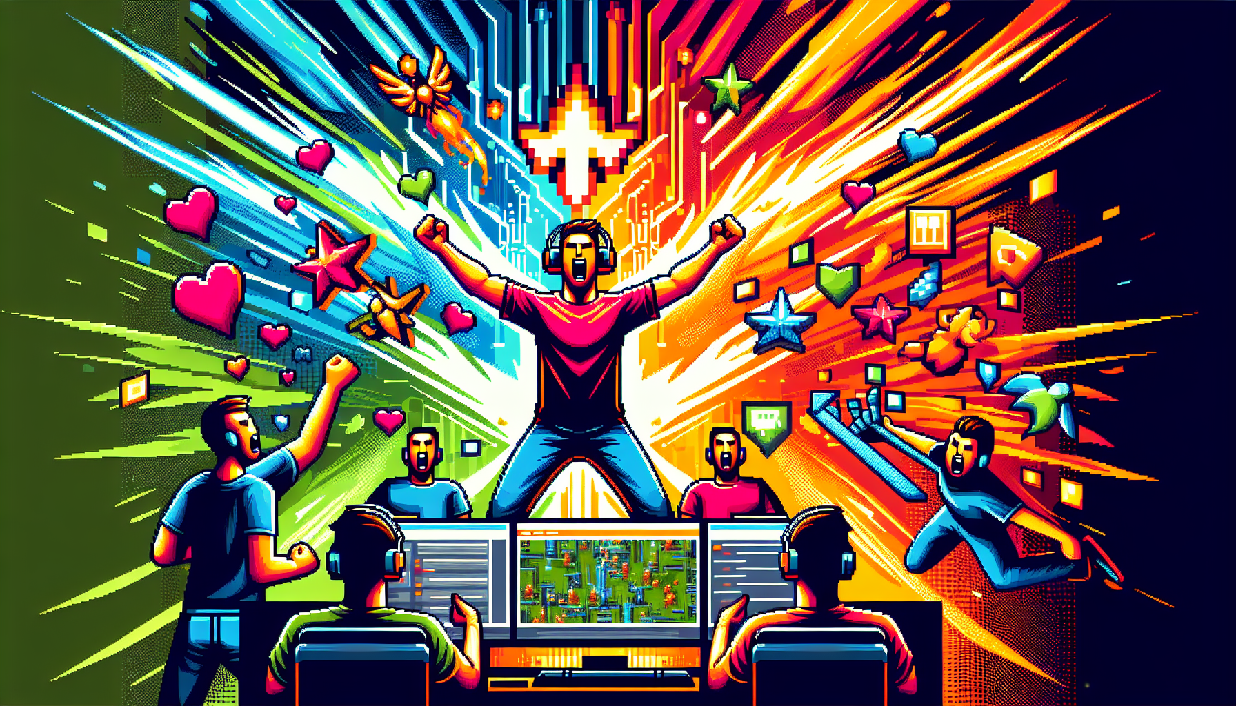 A vibrant and contemporary pixel art scene illustrating the power of player feedback within Esports communities. Perhaps this can depict on one side players passionately sharing their insights or critiques over an 8-bit styled forum or chat platform. On the other side, game developers receiving and integrating feedback into their game design, shown symbolically through changes in the 8-bit styled video game being planned or worked on. Make sure to use bold and exuberant colors to emphasize the energetic and highly engaged nature of the Esports community.