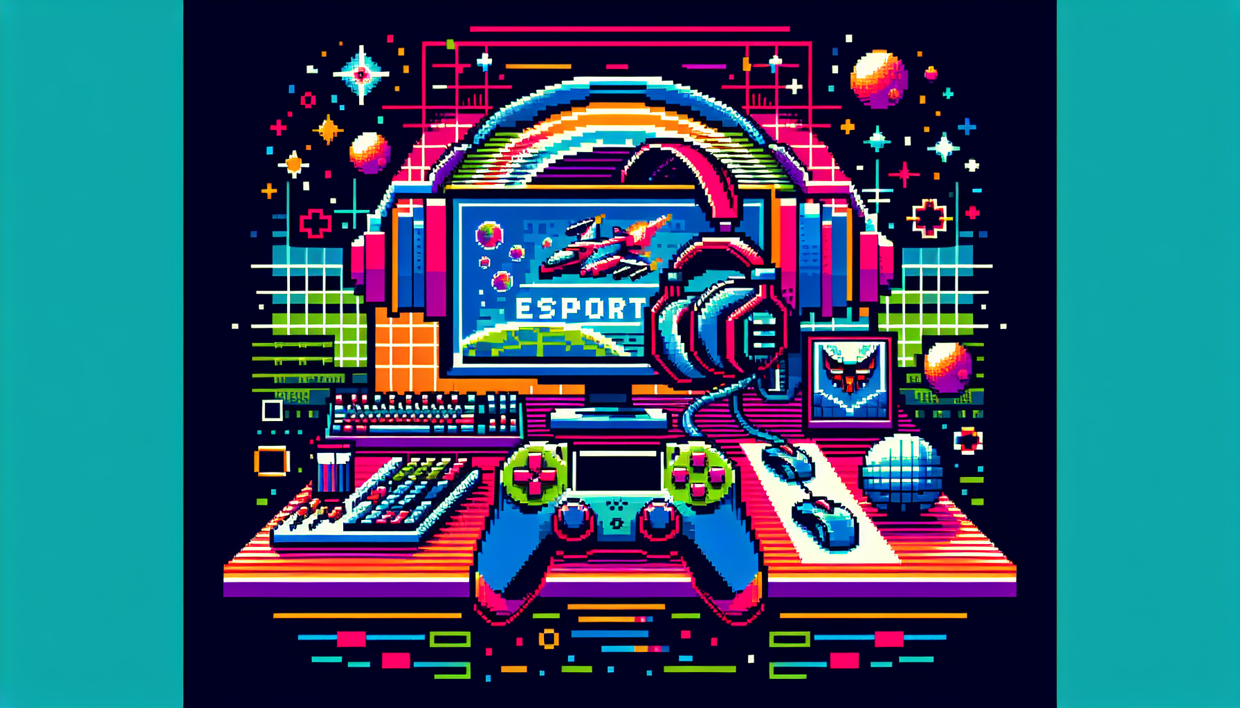 Generate a vibrant, modern image showing the concept of Esports Game Design. It should be designed using colorful 8-bit Pixel Art, with iconic elements like gaming controller, headset, computer screen, or an electronic tournament stage. No text or words should be present in the image.