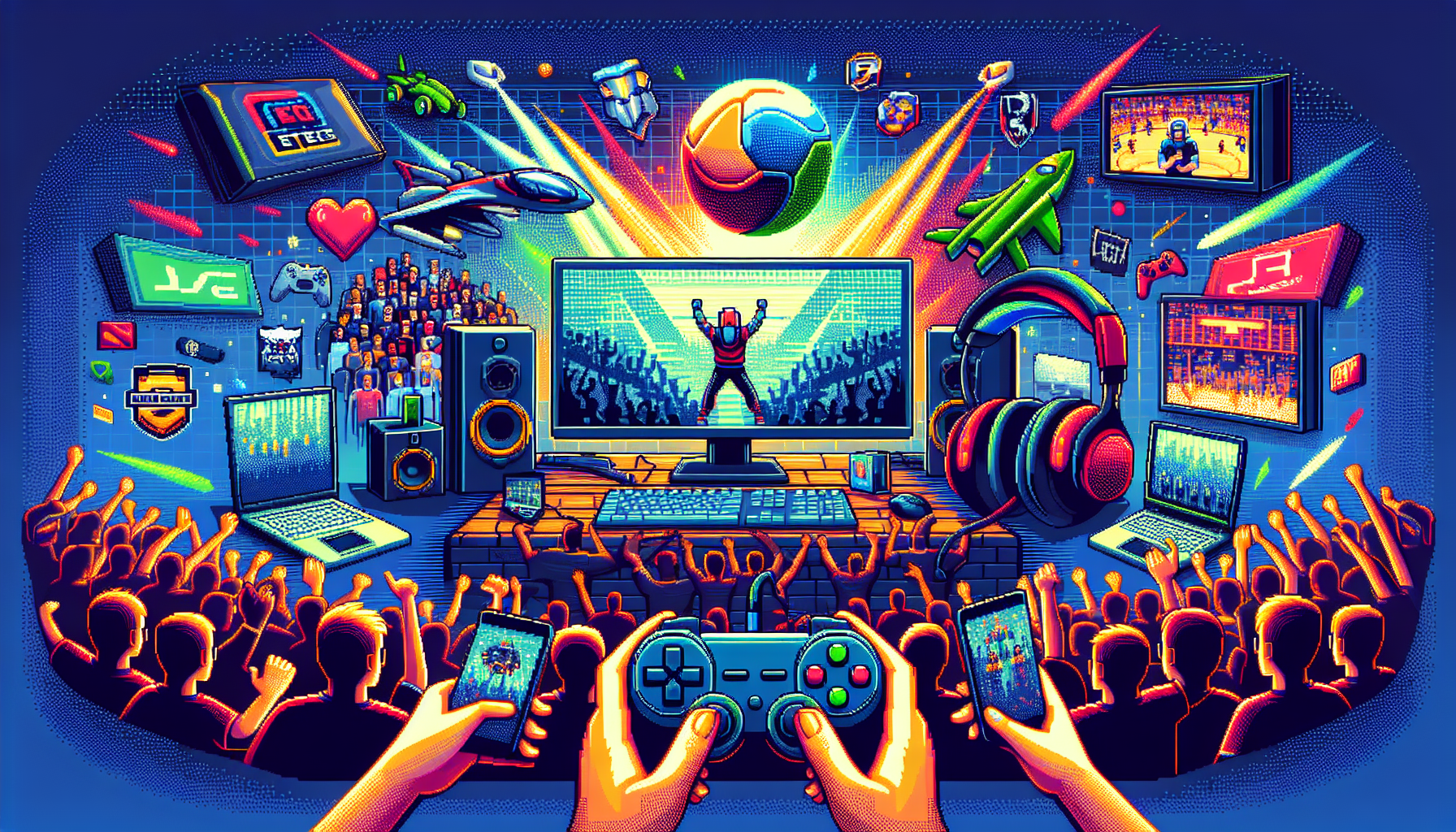 Create an illustration reflecting the exciting world of esports. The scene should feature a range of devices like gaming controllers, headphones, screens displaying games, esports team logos and crowd cheering in a pixelated style similar to 8-bit video games. It should incorporate vibrant, modern colors and highlight the digital, competitive nature of esports. Remember, this is an illustration-only image with no words. It evokes the sense of a guide to fan wikis, without using text to do so.