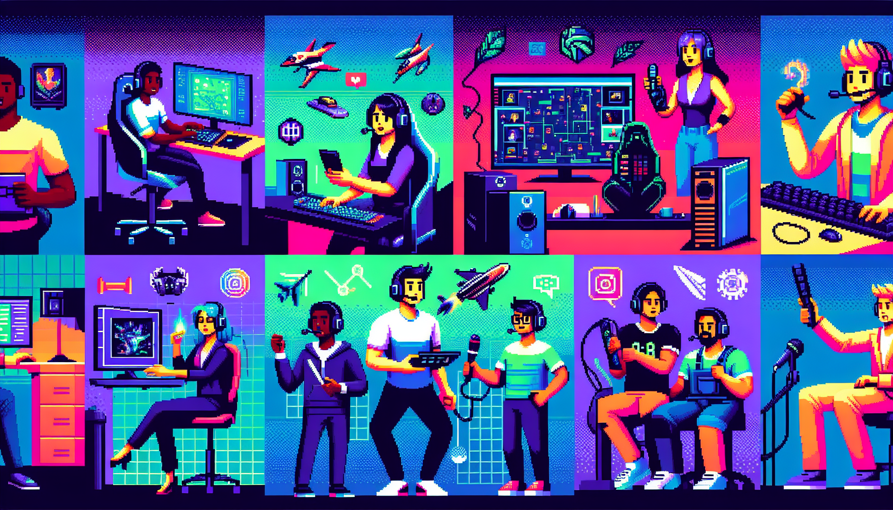 Create a vibrant, modern pixel art illustration showcasing a variety of career opportunities in the Esports industry. This image should include various characters, each embodying a different Esports career. For example, we could see a Black female game designer working on a new eSports game, a Caucasian male player practicing on his gaming setup, a South Asian female event coordinator planning for a big tournament, and a Middle-Eastern male commentator providing analysis on a recent match. All depicted in bold, neon colors reflecting the lively and energetic nature of the Esports industry.