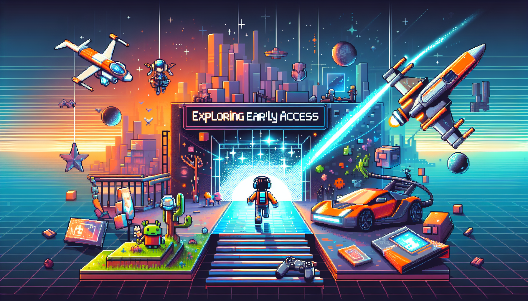 Visualize a vibrant, modern scene illustrating the concept of 'exploring early access' in Esports games. The action takes place in an imaginative gaming environment with aesthetics reminiscent of 8-bit pixel art. Incorporate into the scene assorted gaming elements like game characters, game controllers, and pixelated scenery. The focus of the scene should be a pixelated avatar journeying through an invigorating Esports realm. Remember, no words or text elements should be included in this image.