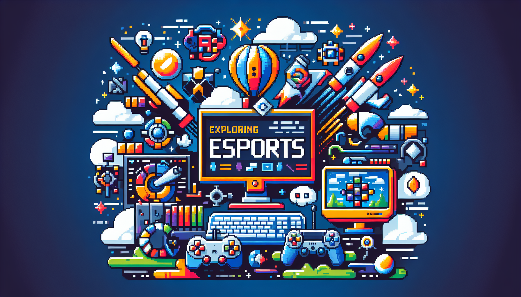 Create a colorful and modern 8-bit pixel art. The design should reflect the concept of exploring esports, it could include elements such as gaming controllers, computer monitors and symbols inspired by various video games. All set within an environment that depicts an online community forum.