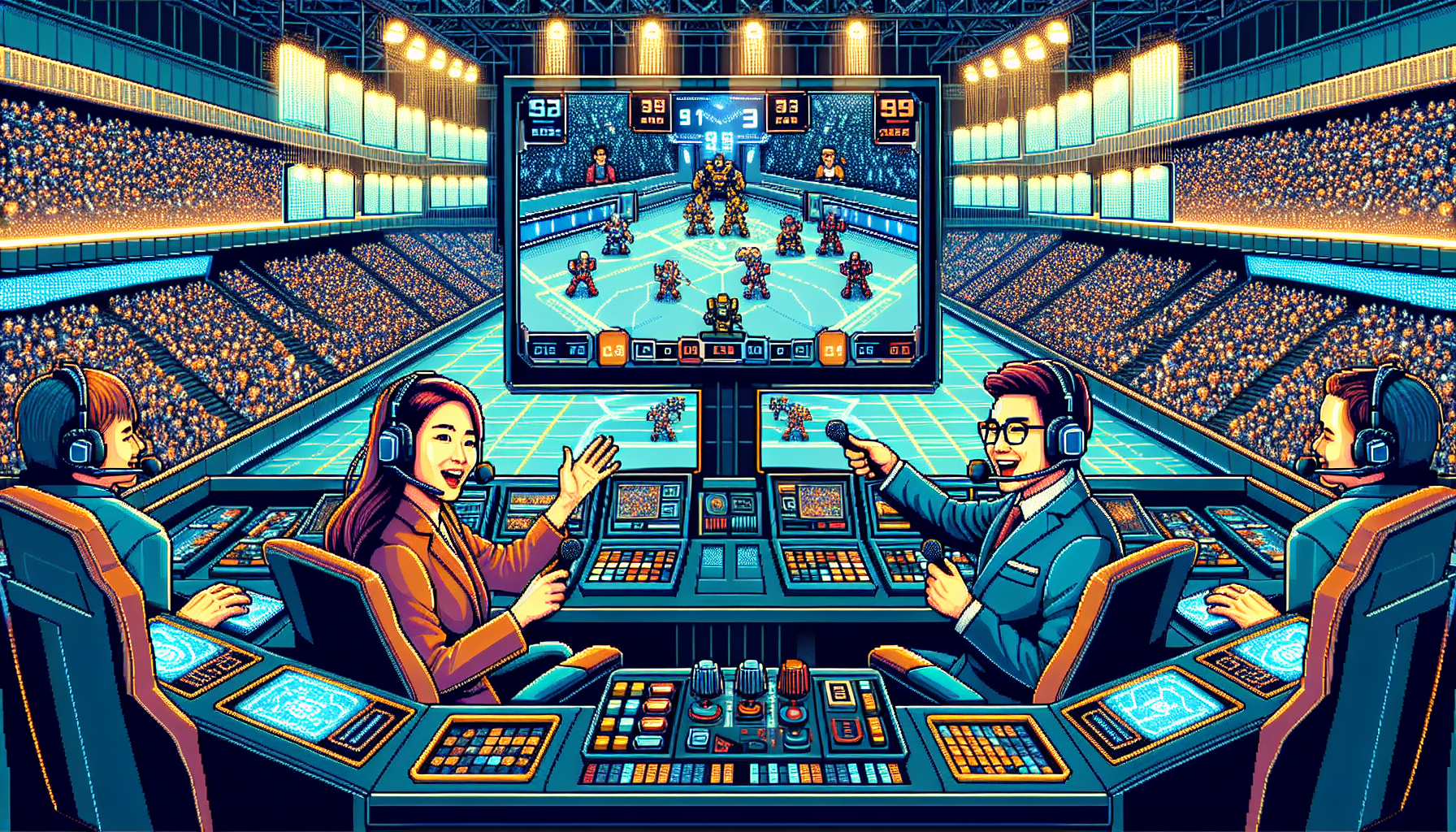 An illustration representing the modern world of esports broadcasting without text. The scenario involves a well-lit, spacious broadcasting studio with multiple high-tech screens showcasing virtual matches. There are a group of esports commentators, a South Asian woman and a Hispanic man, both dressed in professional attires, excitedly commentating the game in progress while adjusting dials and buttons on a futuristic console. The entire scene, vibrant and full of energy, exudes a sense of thrill and excitement. This intricate scene is depicted in 8-bit style pixel art.