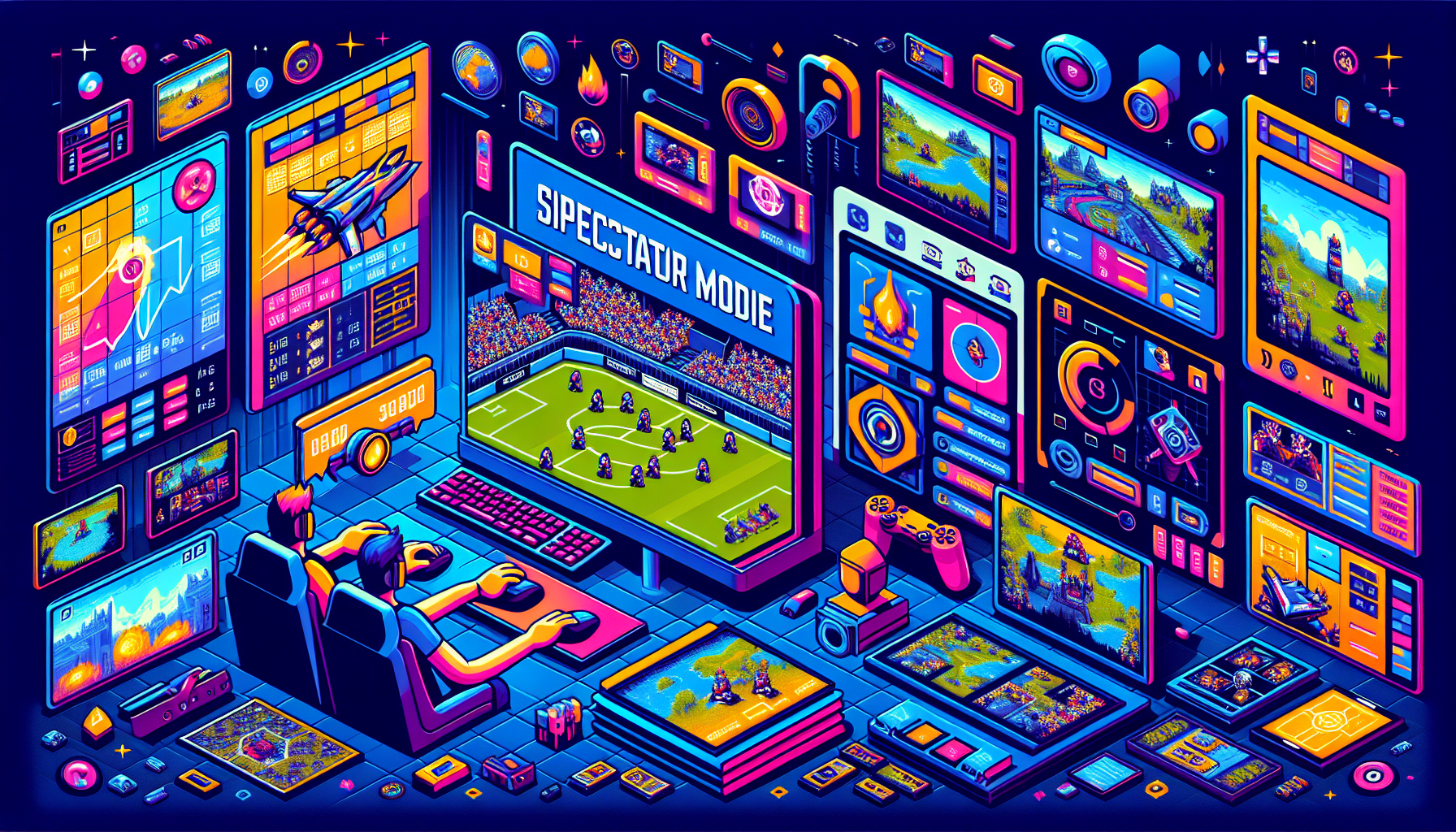 Create an image showcasing the concept of exploring spectator modes in esports games. The scene should be colorful, modern, and depict various elements of a digital game in spectator mode, such as multiple game screens, game maps, player profiles, and scoreboards. Ensure that all elements are illustrated in vibrant colors. The style should be pixel art, reminiscent of 8-bit games, to evoke nostalgia and respect for the classic era of gaming. No text or words should be included in this image, only illustrations.