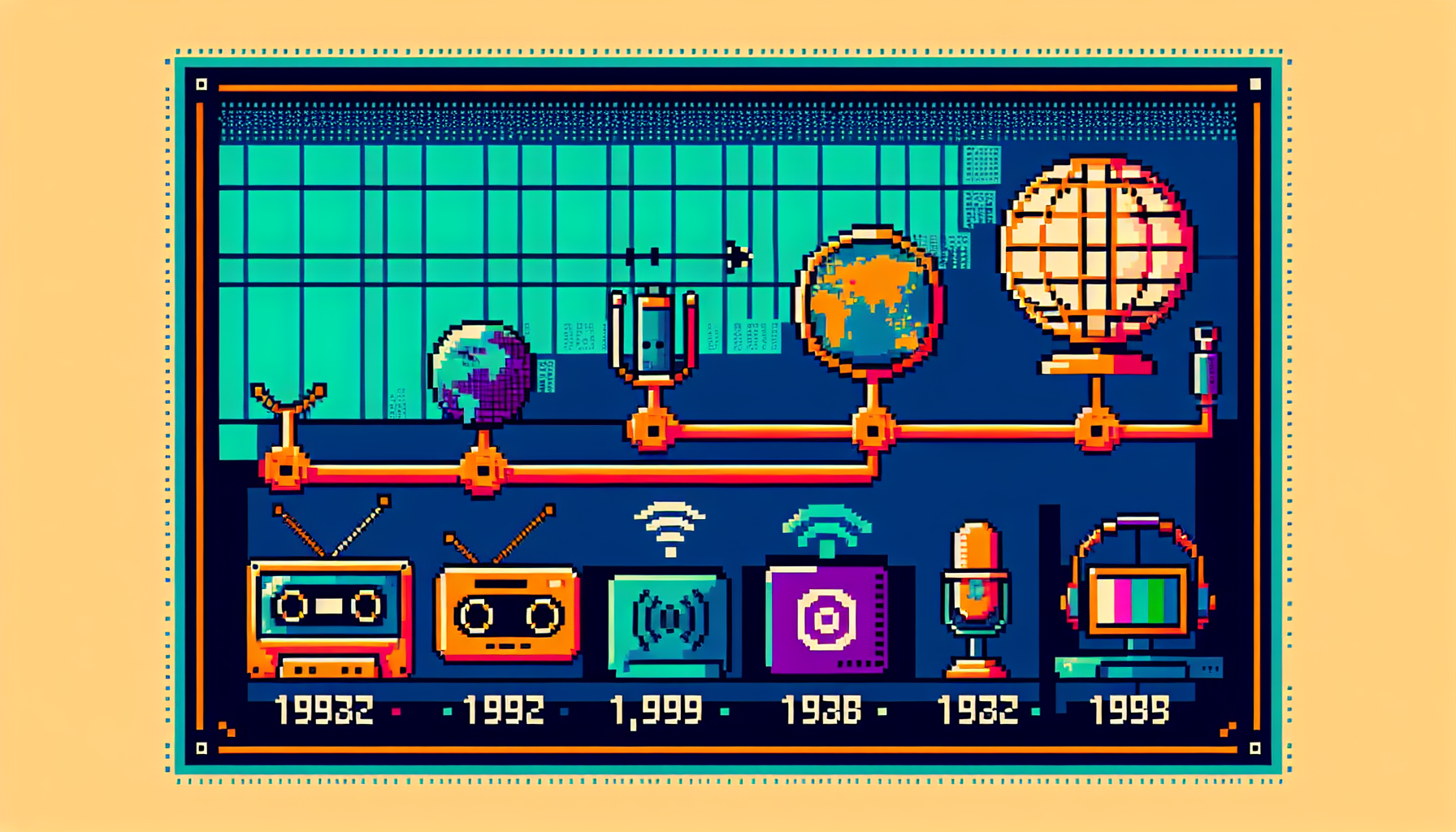 Create a pixel art in 8-bit style that explores the history and influence of a large anonymous broadcasting company. The image should not have words but instead utilize a variety of vibrant colors and a modern approach to depict the progression. This may include early radio technologies, a significant growth era symbolized with a controller and a screen, and its current influence as represented by a global symbol, all presented in a timeline format.