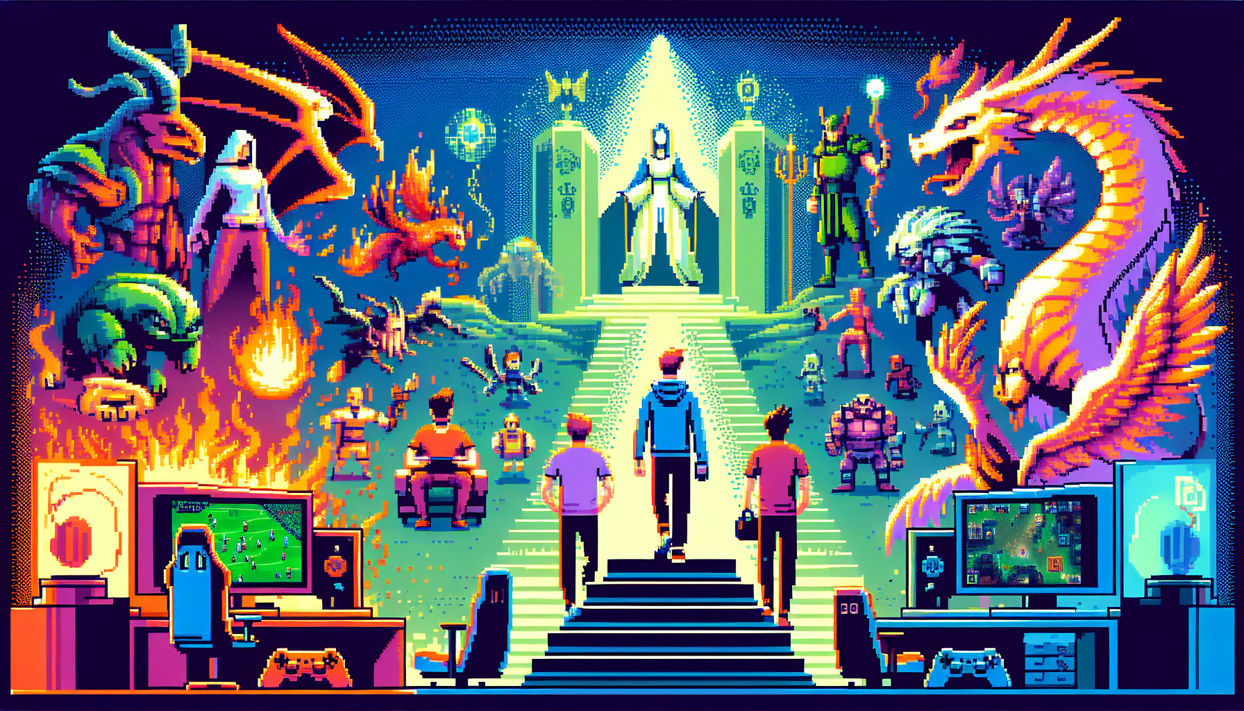 In the style of pixel art rendered in 8-bit style, create a vibrant, modern illustration that explores the rich lore and storylines found in esports games. The image could contain things like a protagonist standing in front of an esports arena, game-themed elements, creatures, and a variety of gaming controllers. Depict esports gamers of different races and genders engrossed in the action. However, make sure the illustration is free from text.