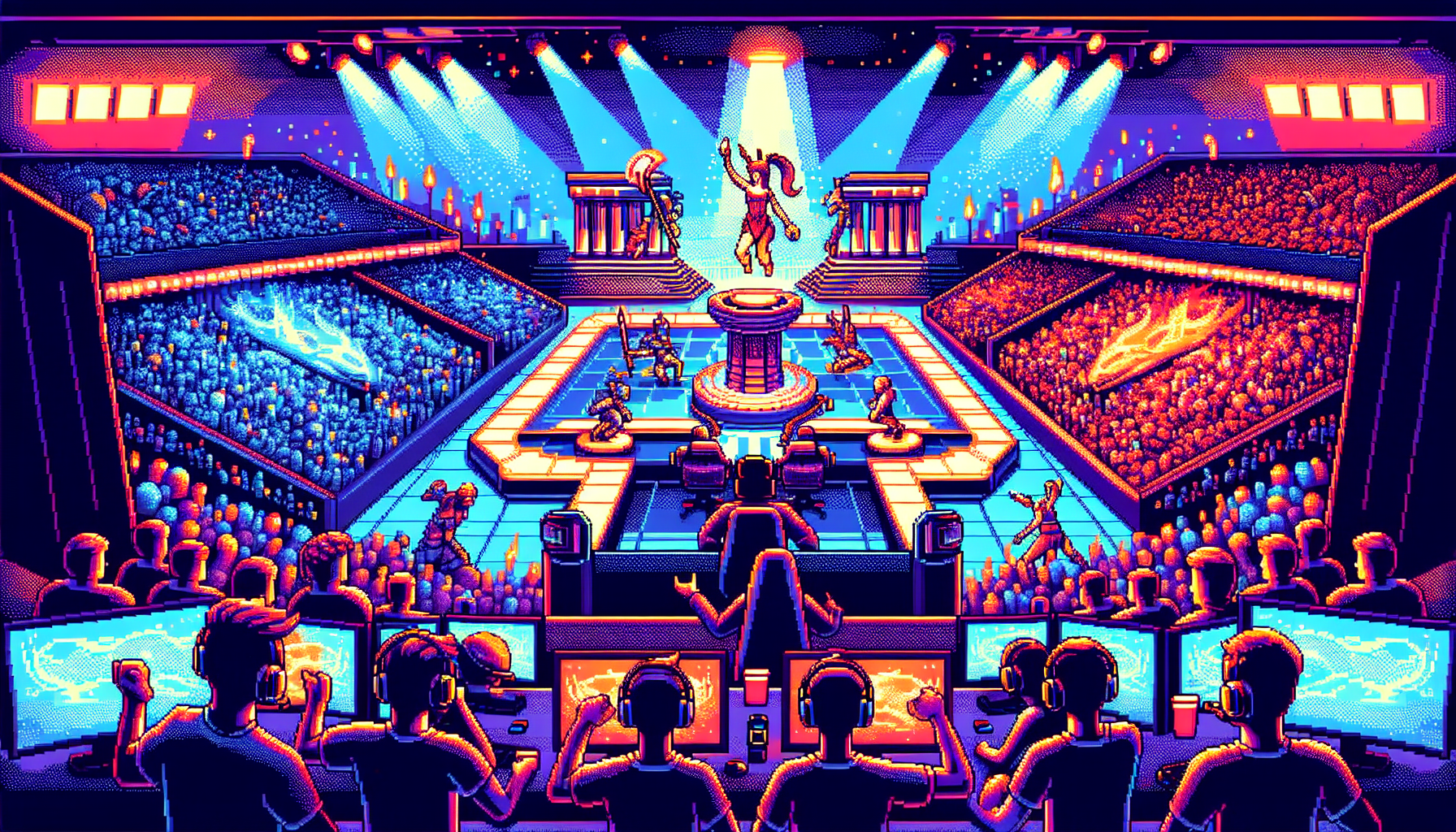 A prompt capturing the excitement of Smite Esports. The image will be an exploration of the thrill and intensity that can be felt during an Esports match. Use an aesthetic that is both modern and colorful, imagining the scene as through the lens of the Pixel Art style reminiscent of the C64 era. The image will contain no words, only illustrations. Envision virtual competitors locked in fierce competition, spectators in awe, and the vibrant array of colors from the virtual game world illuminating the surroundings.