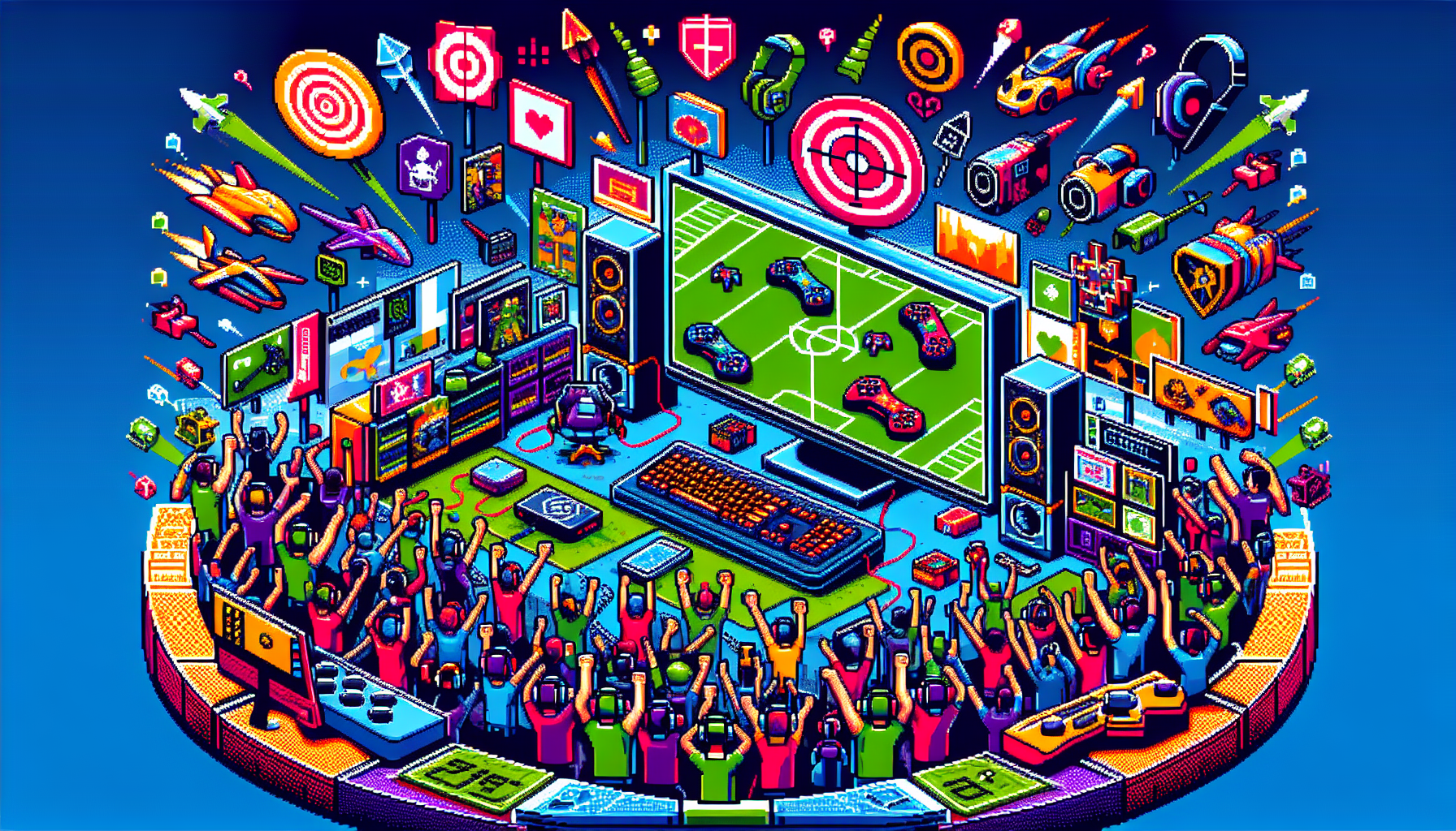 A detailed, multicolored exploration of the world of Esports fan clubs, illustrated in the form of a pixel art scene. This depiction is made in a modern, vibrant 8-bit style. It should show various people cheering and gaming equipment like headphones, game controllers, and large displays, and also incorporate symbolic indicators of various games like swords, targets or race car type icons, all in pixel art.