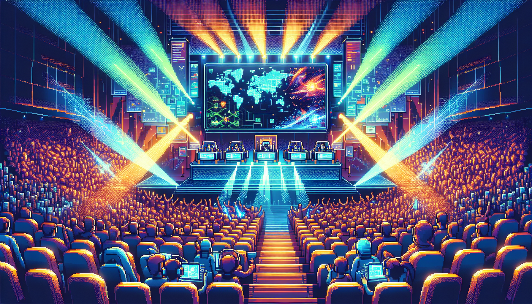 Imagine a vibrant, animated 8-bit pixel art representation of the diverse world of Esports. Specifically, see a thriving auditorium crammed with enthusiastic virtual spectators. Strategy maps of various games appear on large screens, while light beams dance through the air. There's the luminous energy of victorious players and the roaring crowd. The ambience is modern, vivid, and futuristic, embodying the spirit of Esports. Please note that this scene contains no text or words - visuals only.