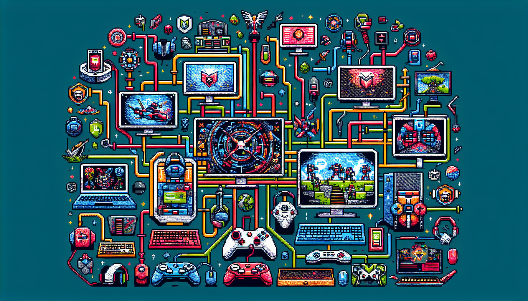 Create a colorful, modern illustration using pixel art in an 8bit style, representing the world of Esports game servers. Imagine an array of screens displaying various games, intricate network of wires connecting them, and gaming gears such as joysticks, keyboards, and headsets scattered around. Please avoid including any text in this image.