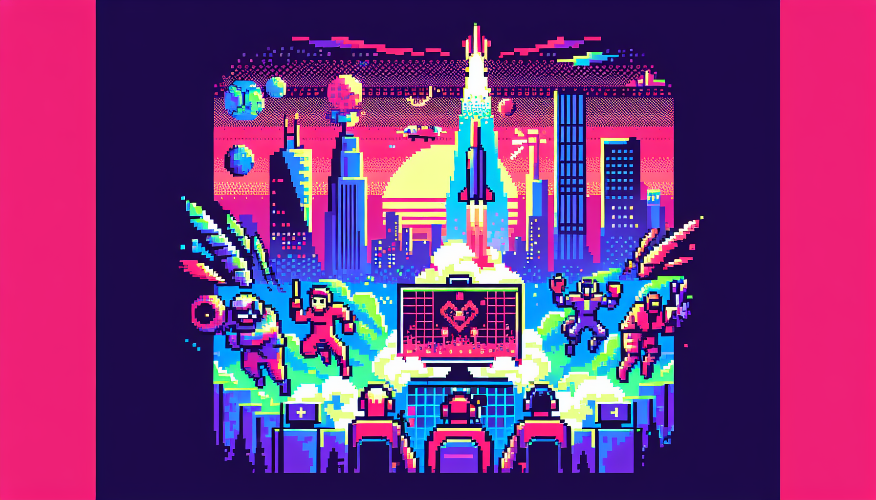 Create a pixel art illustration inspired by the world of Esports in an unspecified online multiplayer game, without any text. Incorporate a vibrant, modern color palette and use the C64 (Commodore 64) pixel art style.