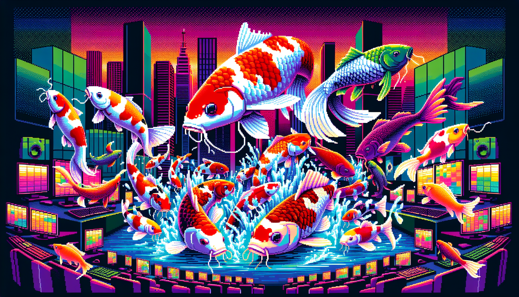 Venture into the colorful, modern world of competitive koi fish sports. The scene is lively and dynamic, with koi draped in shoals representing different esports teams. The entire illustration is in vibrant hues of pixel art reminiscent of the Commodore 64 gaming era. See the koi compete in their virtual arenas, their scales shimmering in the pixelated light. The aesthetics of the 8-bit era pervades the atmosphere, bringing a nostalgic vibe to the otherwise high-stakes esports landscape.