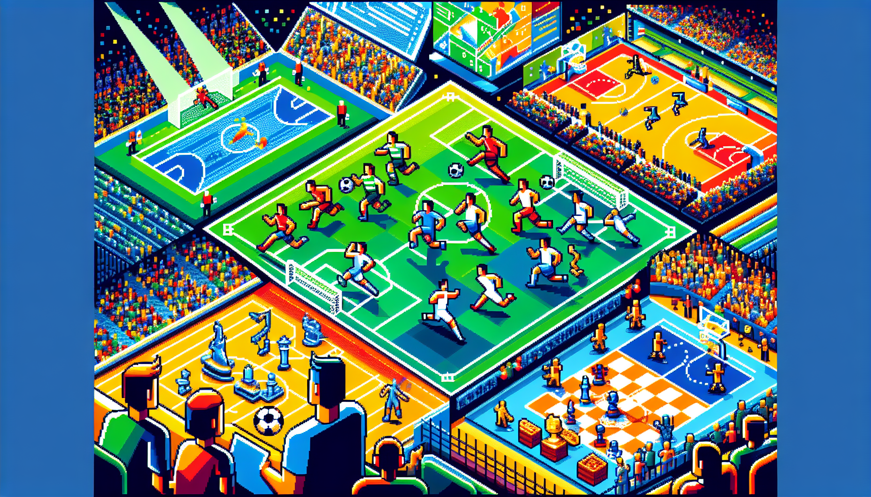 Explore the vibrant, electrifying, and pixelated world of competitive games. Capture the excitement of a host of ongoing tournaments and leagues in vibrant 8-bit style pixel art. Display teams competing passionately in emerald green soccer fields, sapphire blue pools for swimming, dazzling basketball courts, and royal chessboards. Create an array of spectators with people of differing genders and descents showing their enthusiasm and cheering for their teams. While aiming for a modern look, stay true to the characteristic blocky aesthetics of the 8-bit era.