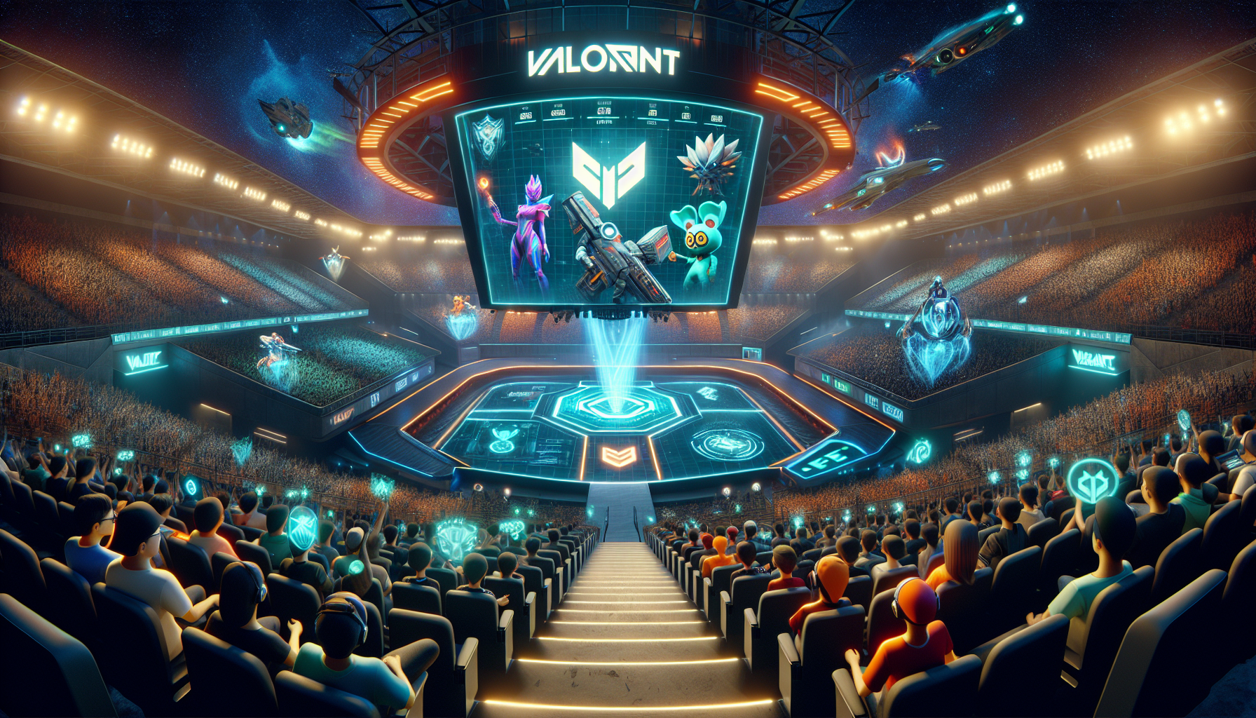 An immersive depiction of the world of Valorant Esports. Visualize a grand, modern stadium filled to the brim with excited spectators of various descents and genders, captivated by the intense gaming competition. In the center, spotlight a huge, holographic screen showcasing the Valorant game interface. Unique, sci-fi weapons and quirky game characters from the universe of Valorant are strategically placed around the stadium, emphasizing the game's unique mechanics. Digital scoreboards, team's logos and vibrant, neon lights electrify the atmosphere, encapsulating the thrilling and competitive spirit of Esports.