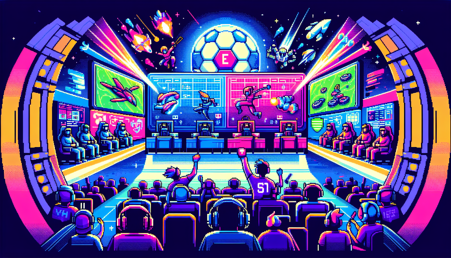 Create a pixel art illustration that encompasses the world of esports. Use neon colors to infuse it with a vibrant and modern vibe. Showcase different elements commonly associated with esports such as players participating in games, audiences cheering, and large screens displaying gaming action. Please remember to not include any words in the illustration.