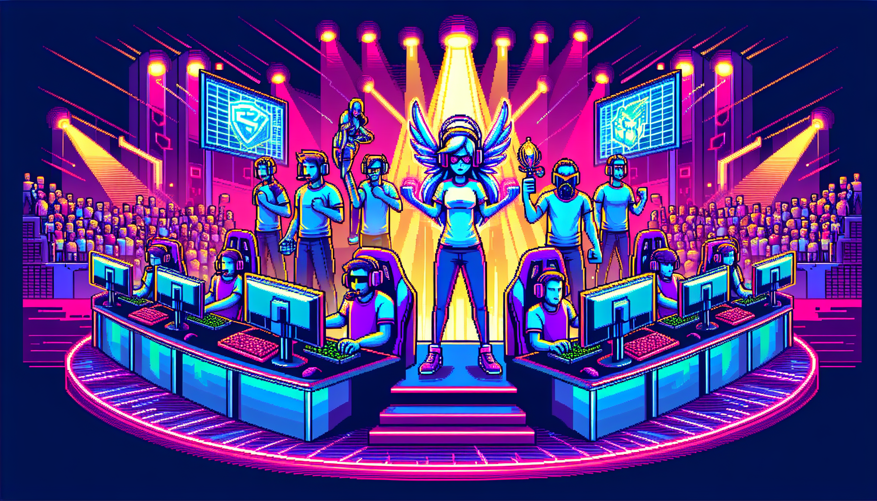 Create a fun and dynamic pixel art representation of a dominant esports team. The illustration should not contain any words, but rather convey the competitive spirit and high-stakes nature of esports through vivid, neon colors. Conceptualize characters as determined gamers in a setting filled with high-tech computer setups and glitzy, neon-hued gaming arenas. The whole scene should capture the vibrant, electric atmosphere of a modern, high-stakes gaming competition.