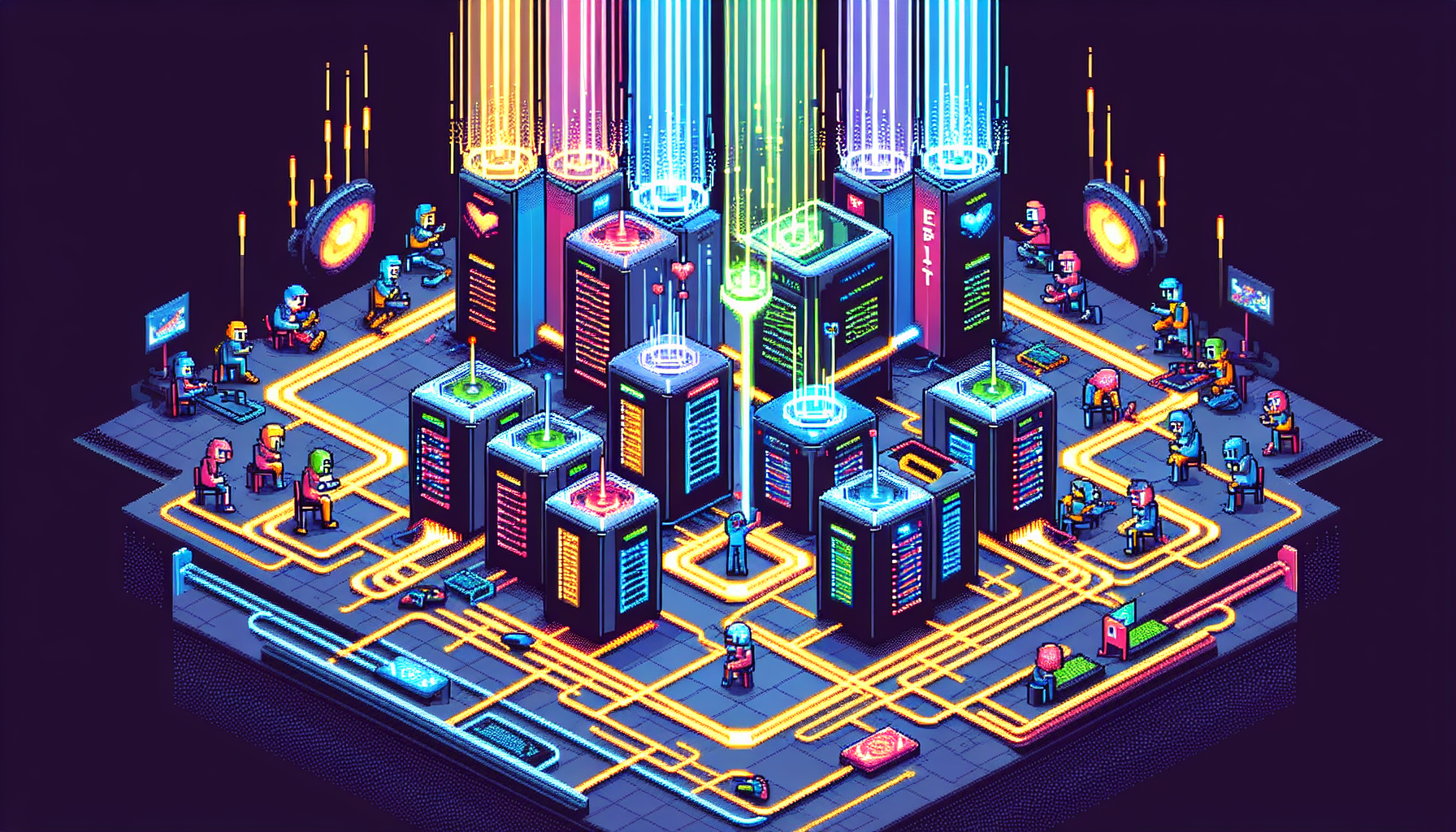 An image in 8-bit pixel art style exhibiting the concept of hosting Esports. The scene shows various game servers, each represented as a colorful modern structure. Some glowing fiber optic cables are connecting these servers, symbolizing the network connections. A handful of pixelated characters are interacting with the servers, demonstrating the real-time gaming scenario. The overall mood of the image is vibrant and modern.