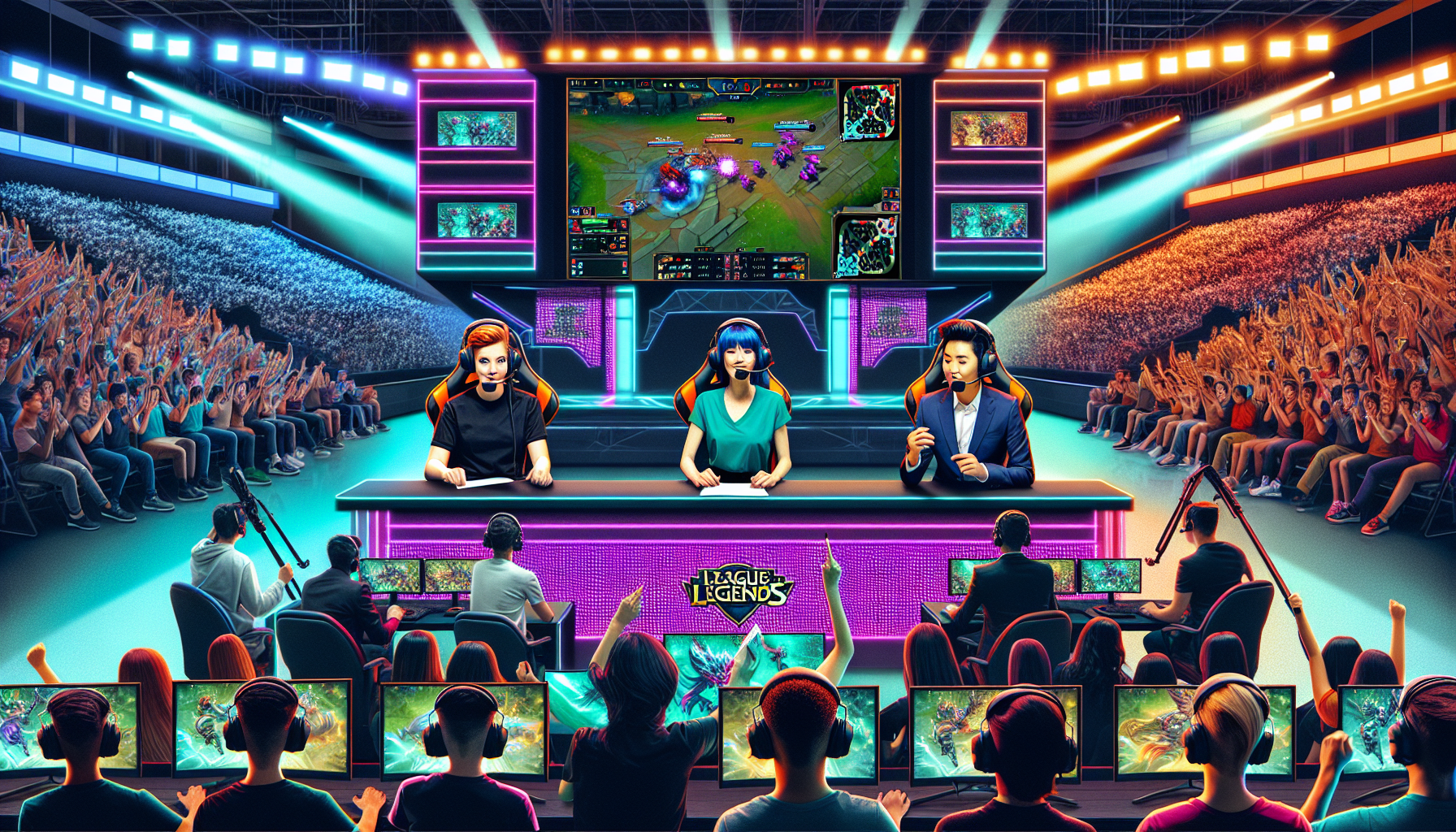 Create a colorful, modern stage in neon colors with pixel art style. Display two teams sitting in front of computers on either side of the stage. Bright, digital screens are showing a League of Legends match in progress. A predominantly young crowd is in the background, both men and women of various descents, enthusiastically cheering and applauding. In the foreground, a female announcer with Asian descent is providing commentary, with a supportive staff surrounding her, including a Caucasian man handling technical equipment, a Middle Eastern woman holding a microphone, and a Black man filming the scene with a camera.