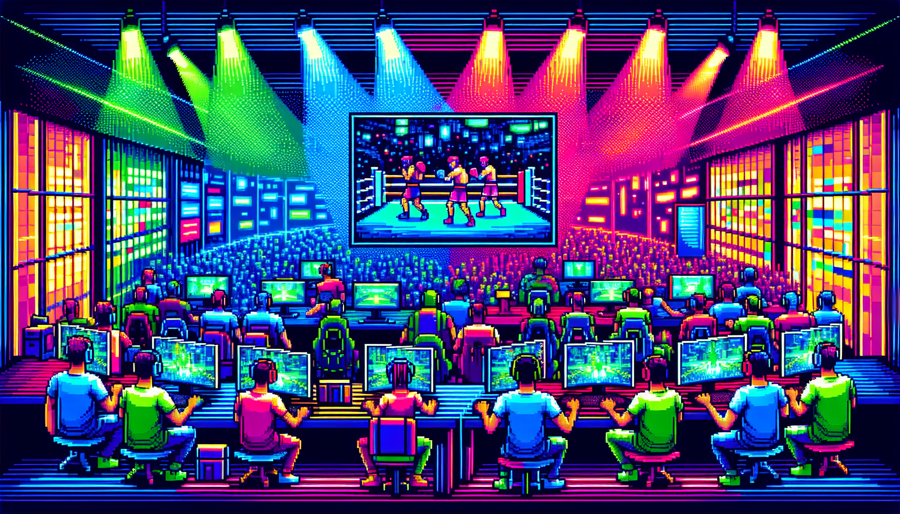 Picture the buzzing and vibrant scene of an esports gaming club specifically dedicated to virtual boxing. Capture the excitement, competitiveness, and camaraderie in the air, all through the lens of a modern, pixel-art style. Immerse the scene in a brilliant array of neon colors; the blues, pinks, greens, and yellows illuminating the club and adding a dynamic touch to the digital world. Show an array of racially diverse male and female gamers, their eyes glued to their screens, hands on the controls, living in the fast-paced world of virtual boxing.