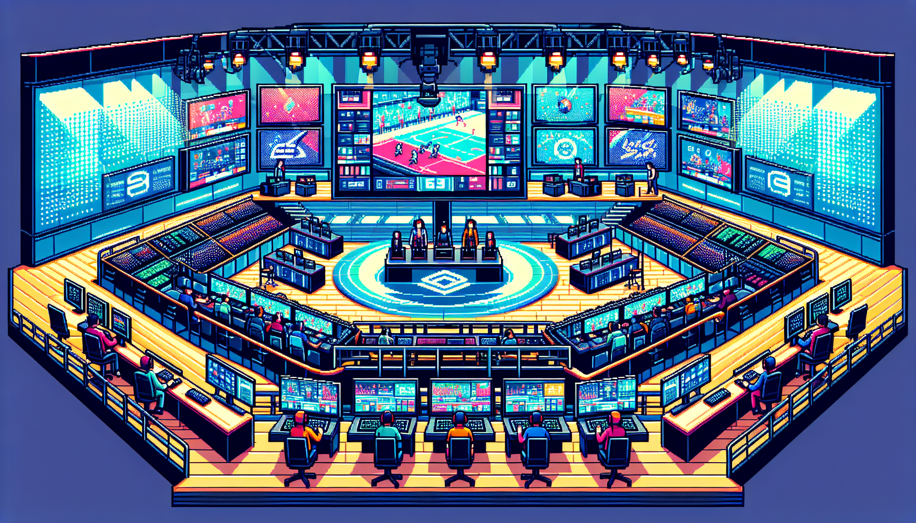 Create a detailed scene of an esports broadcasting arena, designed in the style of modern, colorful 8-bit pixel art. This digital sports arena should be bustling with high-tech equipment, multi-screen displays, and focused individuals managing the broadcasting. Provide various subtleties that hint to the competitive and energetic environment intrinsic to esports. Please refrain from using any text or words in this illustration. This shall be a silent story of excitement, action, and dedication in the digital sports industry.