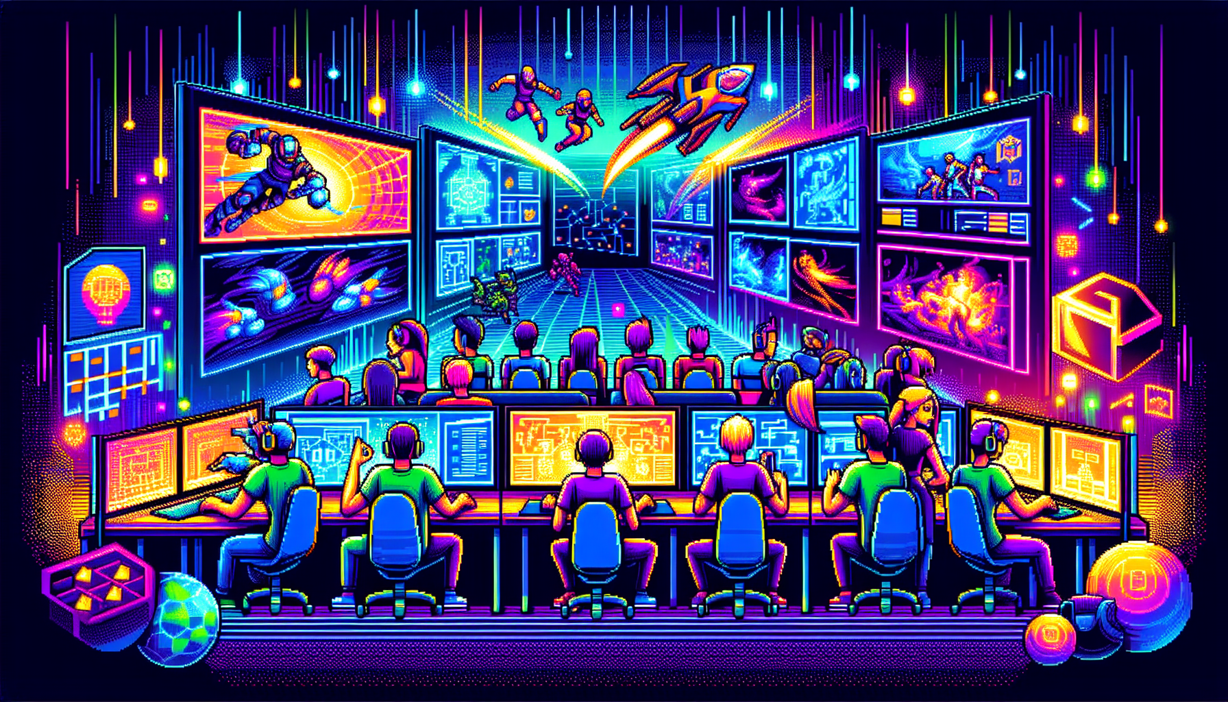 A vibrant, dynamic pixel art illustration showcasing the world of Esports teams. Capture the scene with multiple screens displaying various games in full action, with avatars participating in exciting matches. Show teams strategizing, heatedly discussing their next moves, and training intensely. Each character should represent different descents and genders in the Esports team. All these elements immersed in a modern setting glowing with neon colors. Please exclude any words or text in this image, making it purely an illustration.