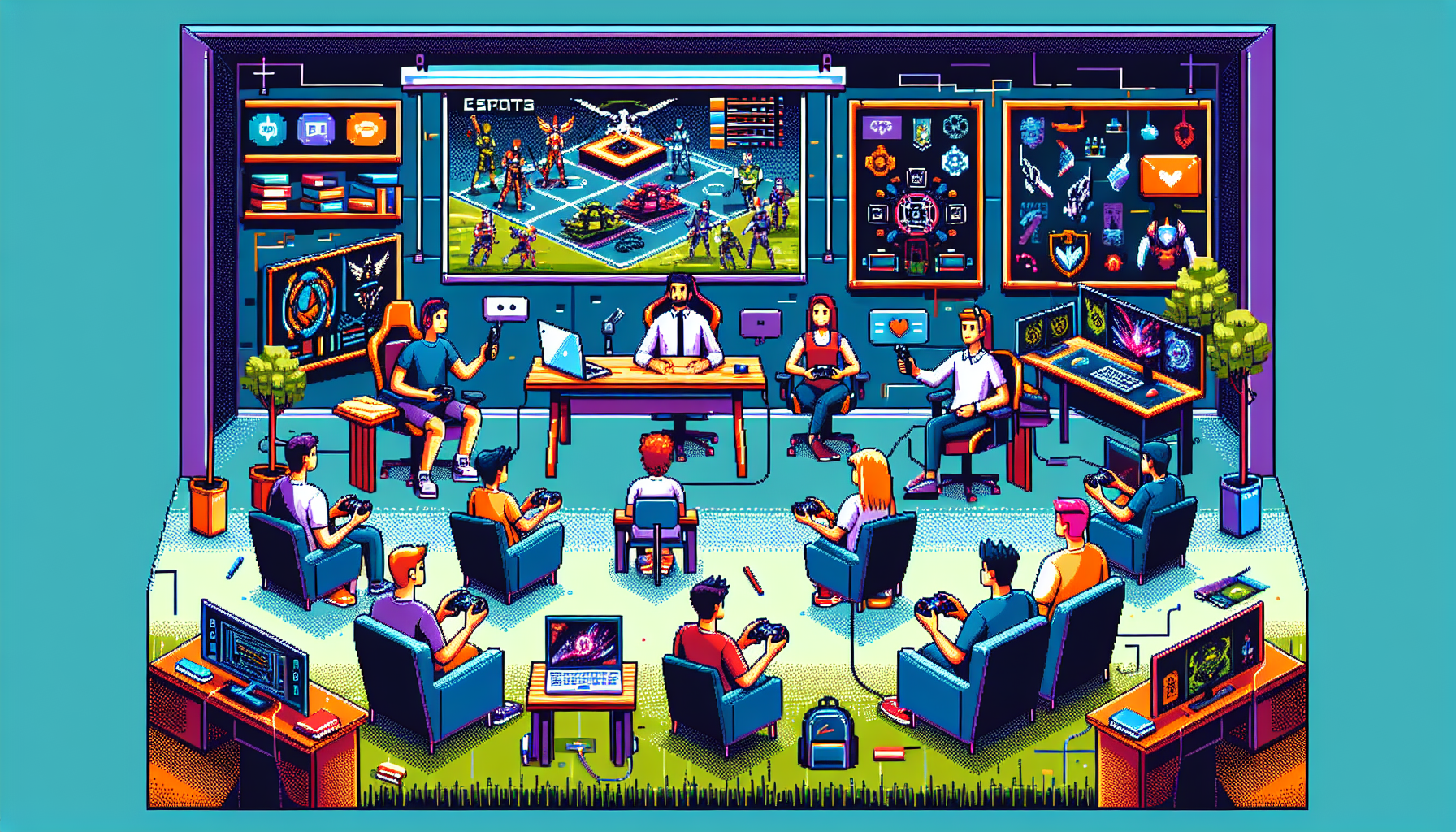 Create a colorful, modern, and engaging illustration in the style of 8-bit pixel art. The image should depict a scene where Esports are being integrated into an educational curriculum. There's a diverse classroom setting with students of multiple descents. Teachers and students are holding game controllers, having interactive discussions with the esports setup evident in the background. A blend of technology and traditional education elements like textbooks, laptops, chalkboard but with a noticeable dominance of gaming consoles, gaming chairs, and large screens displaying popular esports games.