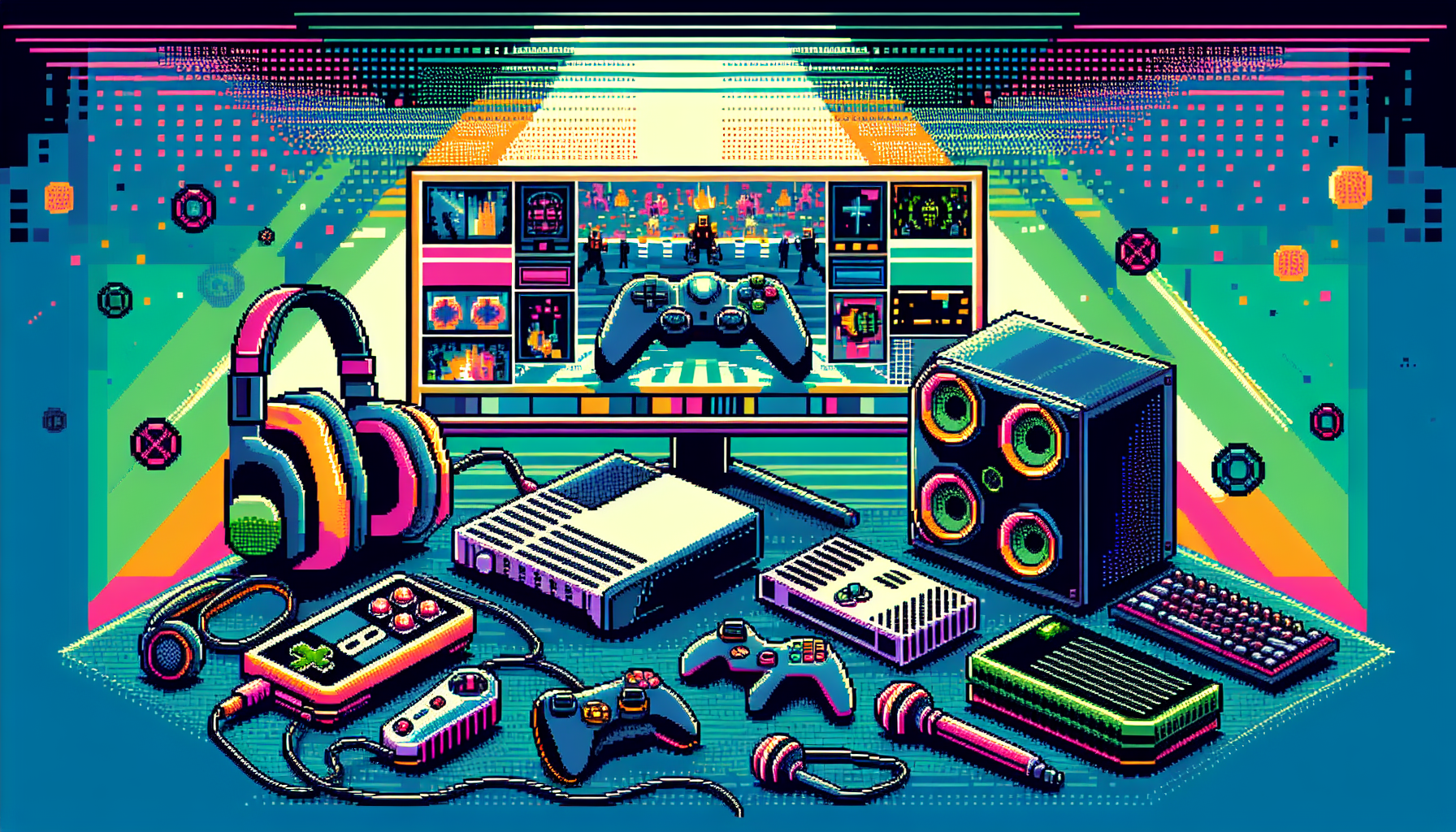 Illustrate the modern and colorful background of Esports Gaming. Show various electronic devices traditionally used for gaming, such as gaming consoles, joysticks, headphones and a projection of a multiplayer game on a big screen. Craft all these using an 8-bit pixel art style, to pay homage to the retro era of gaming. Note that all elements are to be purely symbolic and should avoid replicating any real-world copyrighted properties.