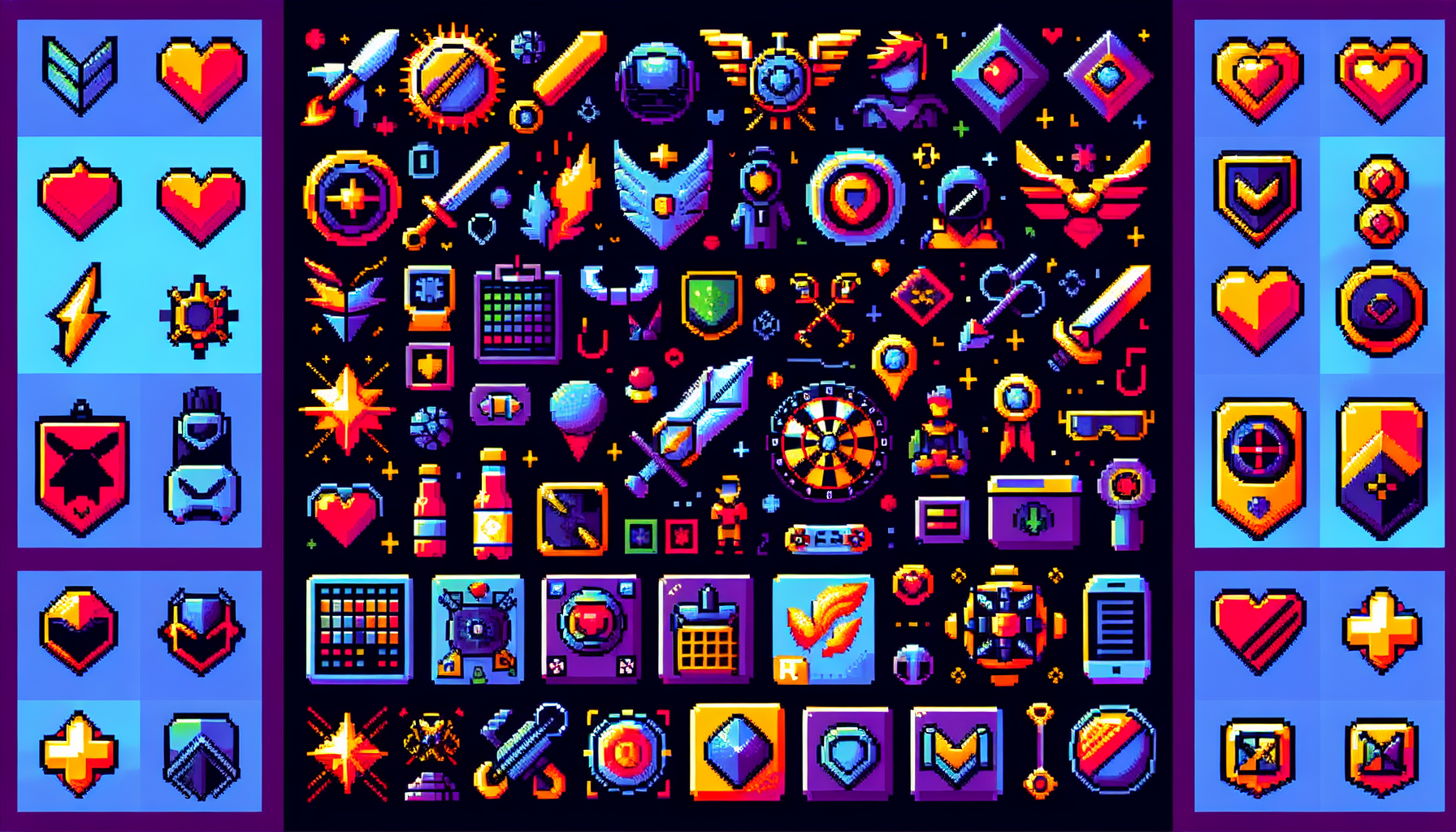 A vibrant and trendy pixel art in the 8-bit style depicting the latest updates in an esports game. The scene shows a medley of symbolic elements that represents various upgrades, patches, or items, such as power-ups, new characters, enhanced abilities, or redesigned maps. Each element is clearly differentiated with vivid colors and distinctly recognizable shapes, evocative of classic video game iconography. All these elements are arranged in a visually exciting manner that encapsulates the thrill and dynamism of the esports gaming world.