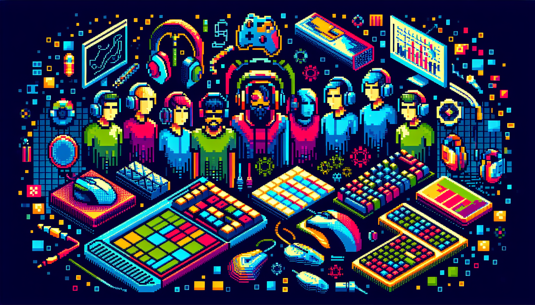 An illustrative, colorful, and modern 8-bit style pixel art image that embodies the concept of mastering Esports. This could include elements such as digital avatars of Esports players considerately distributed to represent diversities in race and gender, various pieces of gaming hardware like mouse, keyboard, headphones, and game console, and possibly some sort of graph or dashboard representing data analysis and analytics. A fitting suggestion would be showing the different facets of Esports: the player, the equipment, and the strategy coming together in a pixelated, vibrant and eye-catching scene.