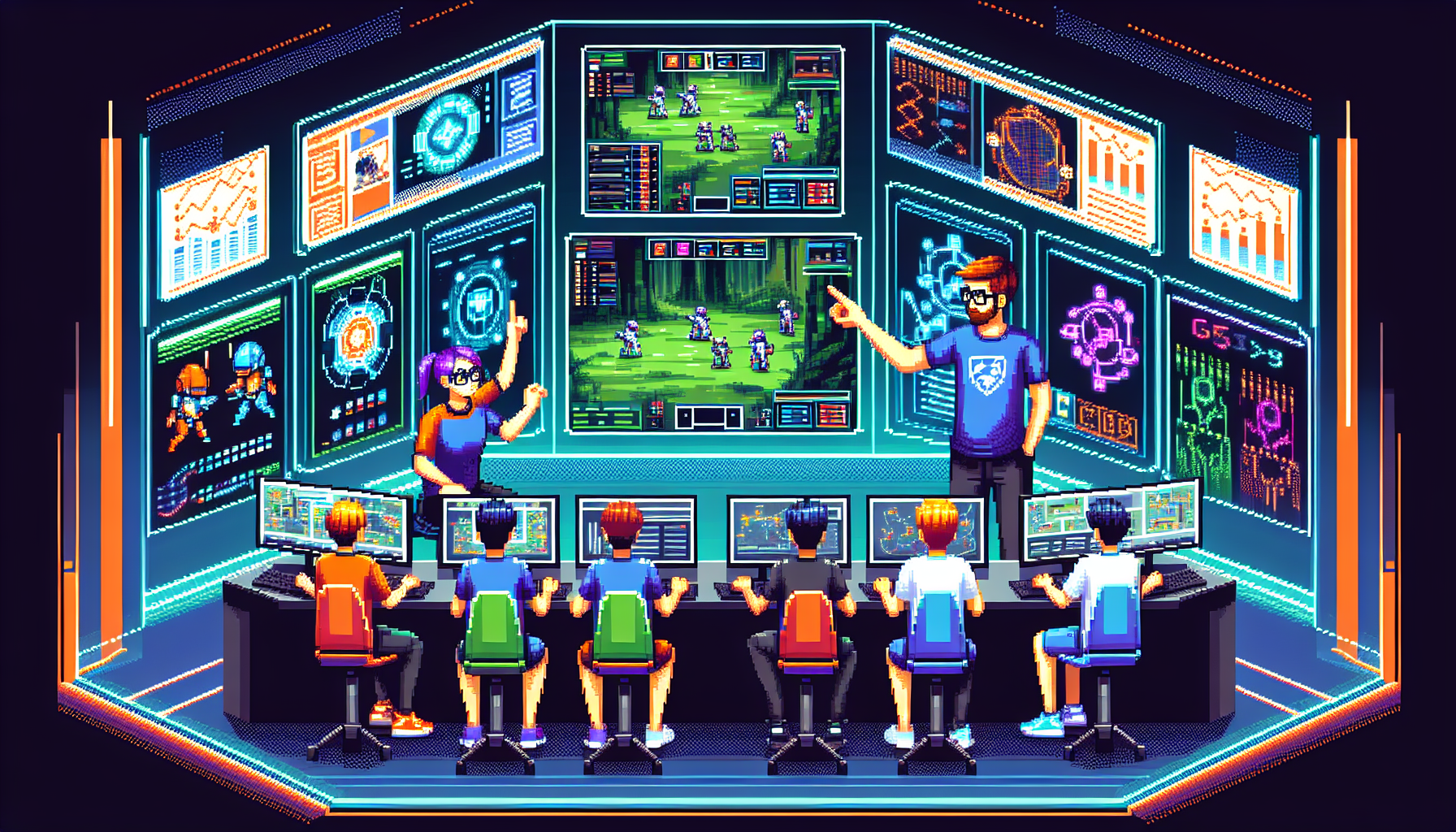 Create a colorful, modern pixel art in 8-bit style that showcases the rise of esports coaching and training. The image should depict a scene where a diverse group of gamers, both male and female, are being guided and tutored by a coach in a high tech, futuristic gaming environment. There should be several gaming screens displaying different competitive games, and the coach should be pointing out strategies on a large holographic screen. Keep in mind that this image should not contain any text, only illustrations.