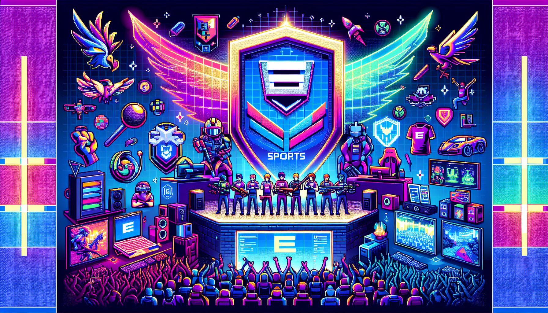 Create a comprehensive guide of a fictional esports team vividly represented with contemporary pixel art in neon colors. The illustration should contain various elements characteristic to esports, including team logo, gaming equipment, a stage with cheering crowd, and scenes from video games. It should evoke a modern, high-energy atmosphere typical of esports tournaments. Please note that the image should not contain any text.