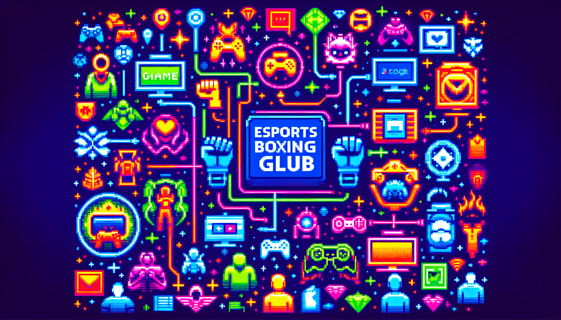 A comprehensive guide depicted as Pixel Art in Neon colors, illustrating the different gaming platforms supported by an Esports Boxing Club. The illustration should be colorful and modern, with icons or simplistic graphics representing popular gaming platforms. Ensure no words are included, and the representation is purely through vivid pixelated artwork.