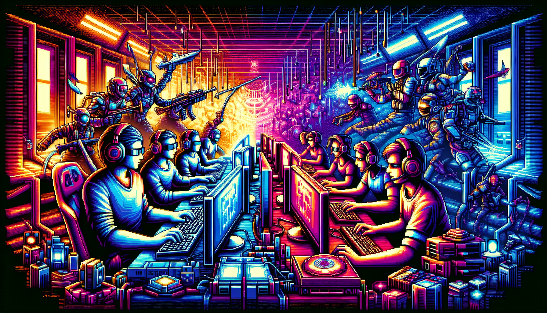 A vibrant, pixelated composition in the style of Commodore 64, depicting a futuristic scenario within the world of esports. The image captures diverse characters, individually identified by their unique gaming gear, intensely focused on their screens. A variety of gaming consoles and futuristic equipment surround them. The background resonates with an electrifying atmosphere, full of neon hues, suggesting the energy and competitiveness of esports. Let the representation be inspired by the fervor of retro video games, embracing the essence of 8-bit art.