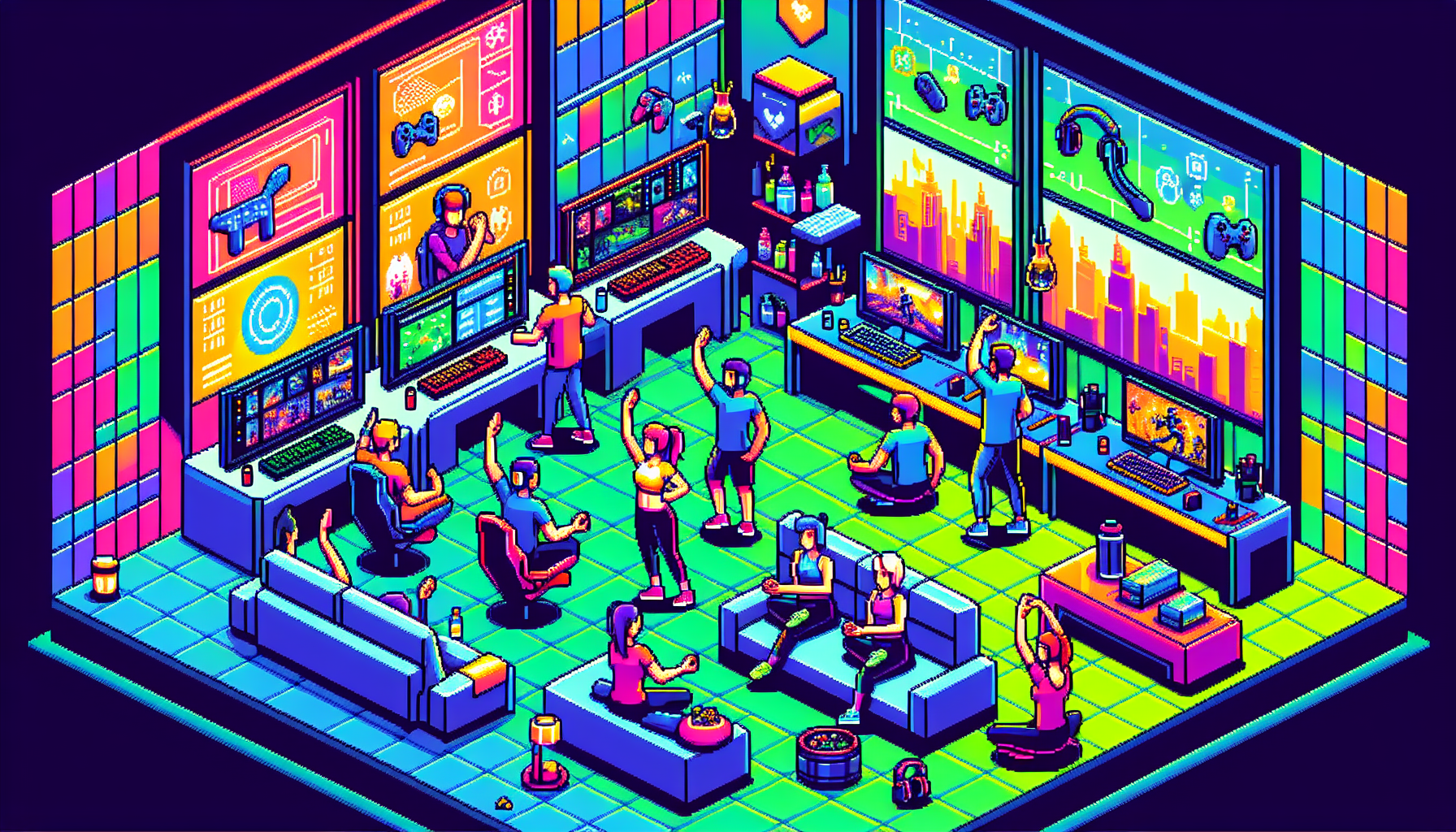 An 8bit pixel art illustration depicting the concept of staying healthy in the Esports arena. The scene features a modern, colorful gaming arena with gamers of various descents and both genders. They are engaged in various healthy activities such as stretching, drinking water, taking regular breaks, and eating healthy snacks. The background shows gaming equipment like controllers, headsets, comfy ergonomic chairs, and multiple monitors displaying different game scenes. The modern style is emphasized with bright neon colors and the use of bold geometric shapes.