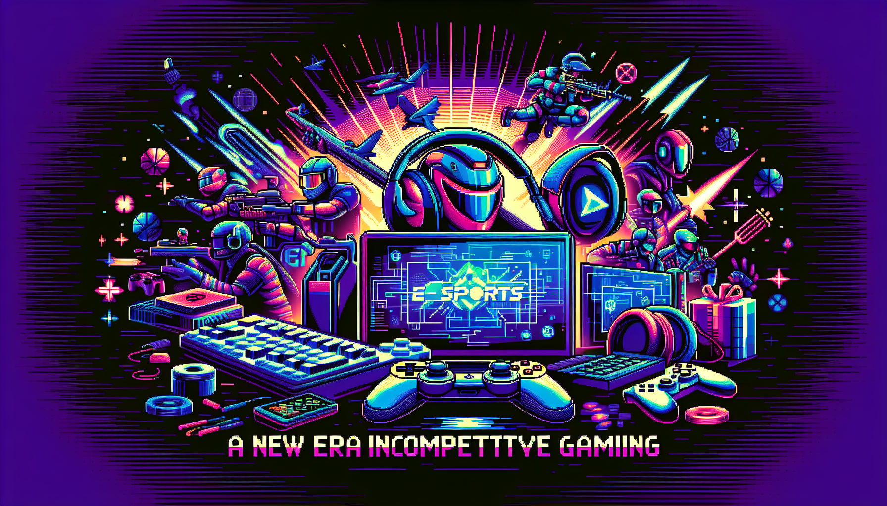 Create a pixel art depiction of a new era in competitive gaming, commonly known as esports. The image should be vibrant, utilizing a palette of neon colors to highlight the dynamic and modern nature of the gaming world. Incorporate various elements symbolizing the fast-paced intensity of esports, including gaming hardware like controllers, headsets, gaming consoles, and screens filled with dynamic gaming graphics. Do not include any text in this image; let the visual elements convey the rising popularity and high-stakes atmosphere of esports competitions.