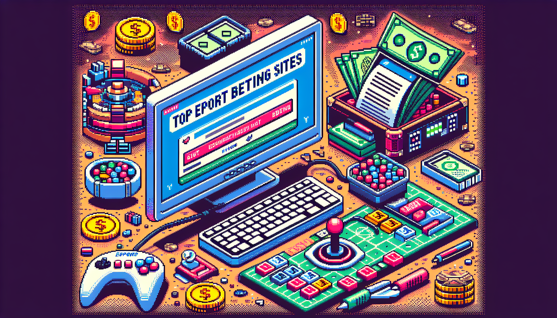 A detailed illustration in pixel art in the style reminiscent of the Commodore 64 era. The image represents the top esport betting sites. The scene should be modern and colorful. There should be different elements symbolizing online betting such as a computer with betting site displayed, a joystick for espots gaming, and virtual currency. NO actual gambling or betting should be shown in the image. Please avoid any text.