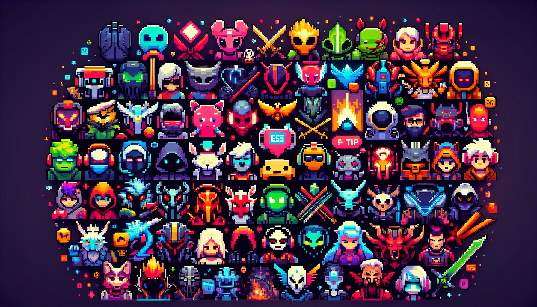 A myriad of top esports game discord server icons in a pixelated, 8-bit style. The icons should be diverse and represent a variety of popular esports games. It should have a modern and vibrant aesthetic, possessing a rainbow of vivid colors. Each distinctive icon should creatively express the unique theme of each game. However, no text should be visible on the icons to maintain the 'illustration-only' directive. The overall composition should give the impression of a vibrant, dynamic online gaming community.