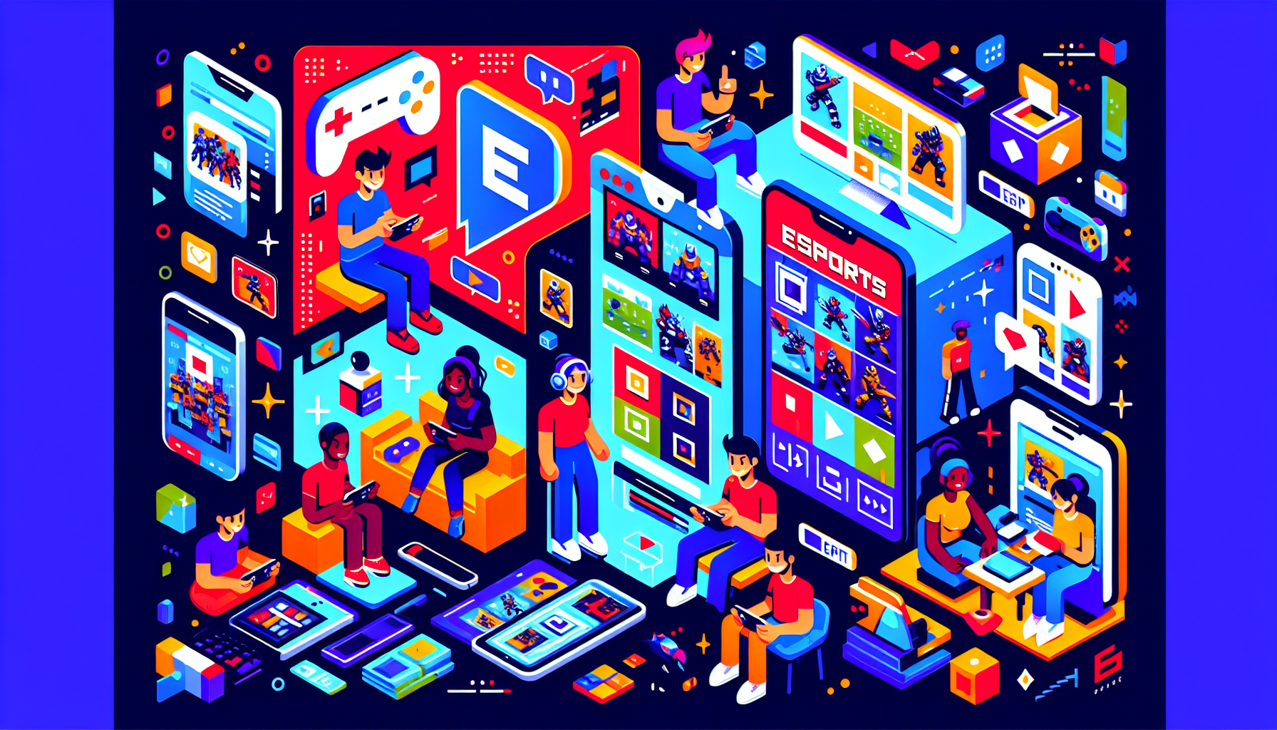 Create a vibrant and modern illustration representing the concept of top esports mobile apps for gaming on-the-go. Depict a variety of mobile devices displaying different types of games, with users interacting with them. The users should vary in gender and descent - include a Hispanic woman, a South Asian man, a Middle Eastern woman and a Black man. Everything should be rendered in a pixel art style reminiscent of 8-bit video games.