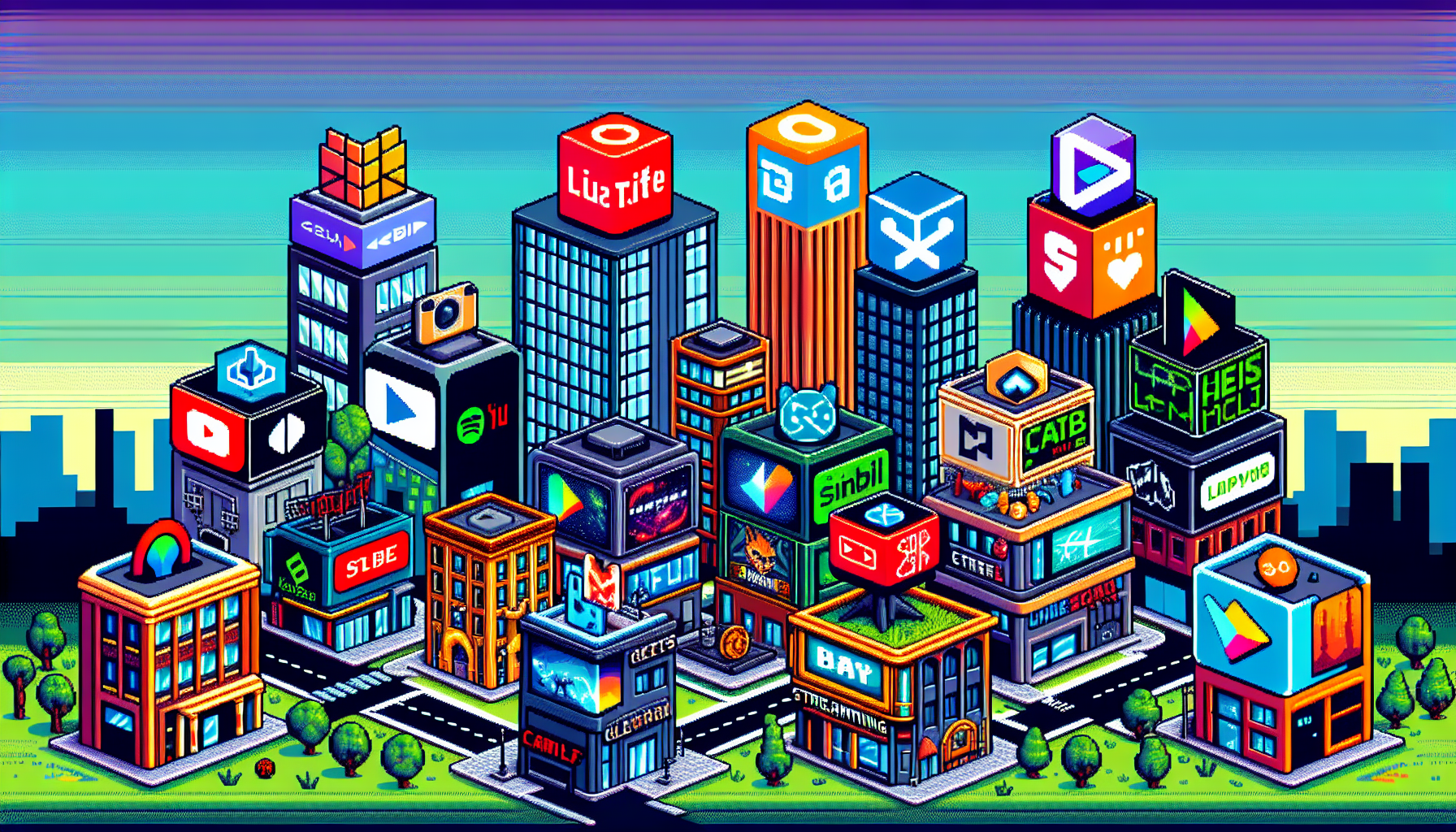 A detailed and colorful illustration of top esports streaming platforms represented metaphorically through various buildings in a city skyline. Each building showcases key features of each platform, highlighting their interface and logos, but without any written words. Apply an 8-bit pixel art style to create a modern yet retro ambiance. The colors should be vibrant and diverse, further emphasizing the uniqueness and dynamism of each platform. Incorporate elements such as streaming screens, play buttons, and icons commonly associated with these platforms. Please avoid any infringement of copyrights while creating this scene.