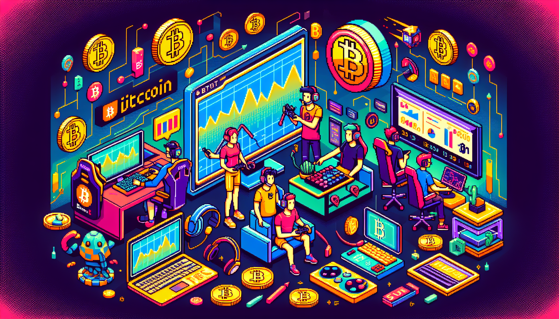 Illustrate a vibrant, contemporary scene in pixel art style that combines the concept of Bitcoin with Esports. Show several different characters, some of whom are engaged in playing electronic games, while others are observing the Bitcoin market trends on digital screens. Include elements such as game consoles, headsets, cryptocurrency graphs, and symbols to depict the connection between Bitcoins and Esports. Make it lively with the use of rich bright colors, highlighting the liveliness of the Esports world and the dynamism of the Bitcoin market.