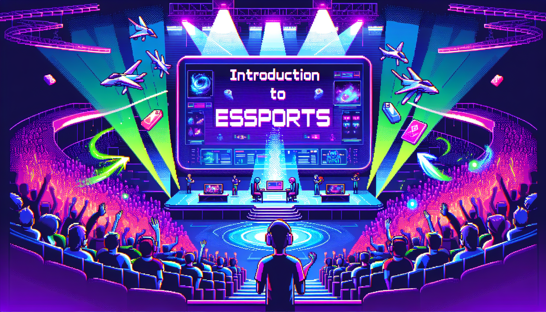 Create a vibrant pixel art depicting a modern introduction to Esports. The scene should convey important aspects of esports such as competitive gaming, teams strategizing, audiences cheering, arenas filled with big screens roaring with games in progress. The art should be soaked in a symphony of neon colors like purple, blue, green and pink to illustrate the vibrant energy and modern ambiance associated with Esports. No text is involved in this image, only vivid illustrations.