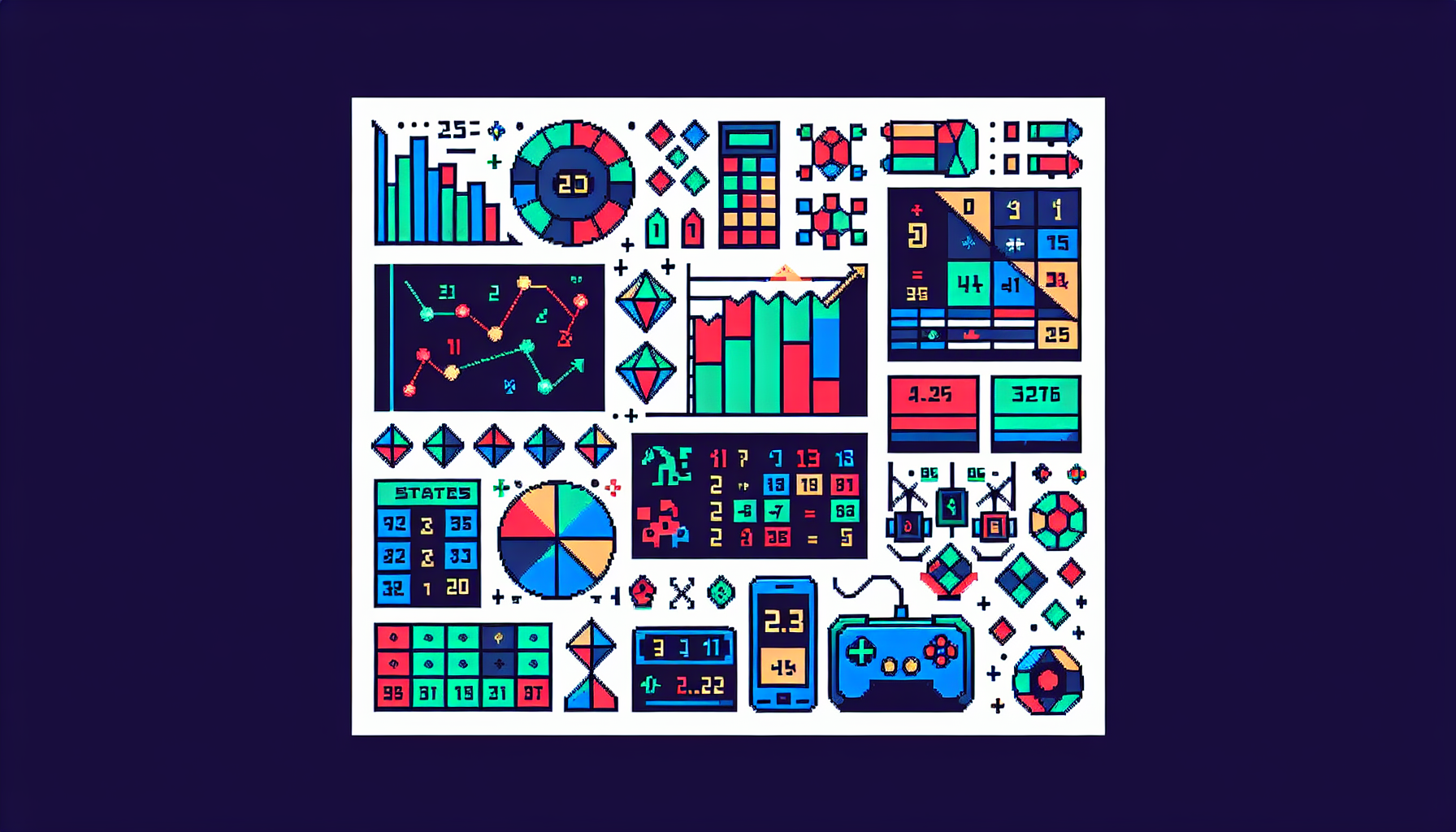 Create a bright and modern pixel art image, inspired by the C64 style, that is a visual guide for understanding esports odds for beginners. It should include various graphical elements like charts, fractions, probabilities and gaming motifs, but without any text. Use geometric shapes and vivid colors to represent different stakes, outcomes, and probabilities. The overall style should be clear, user-friendly, and engaging.