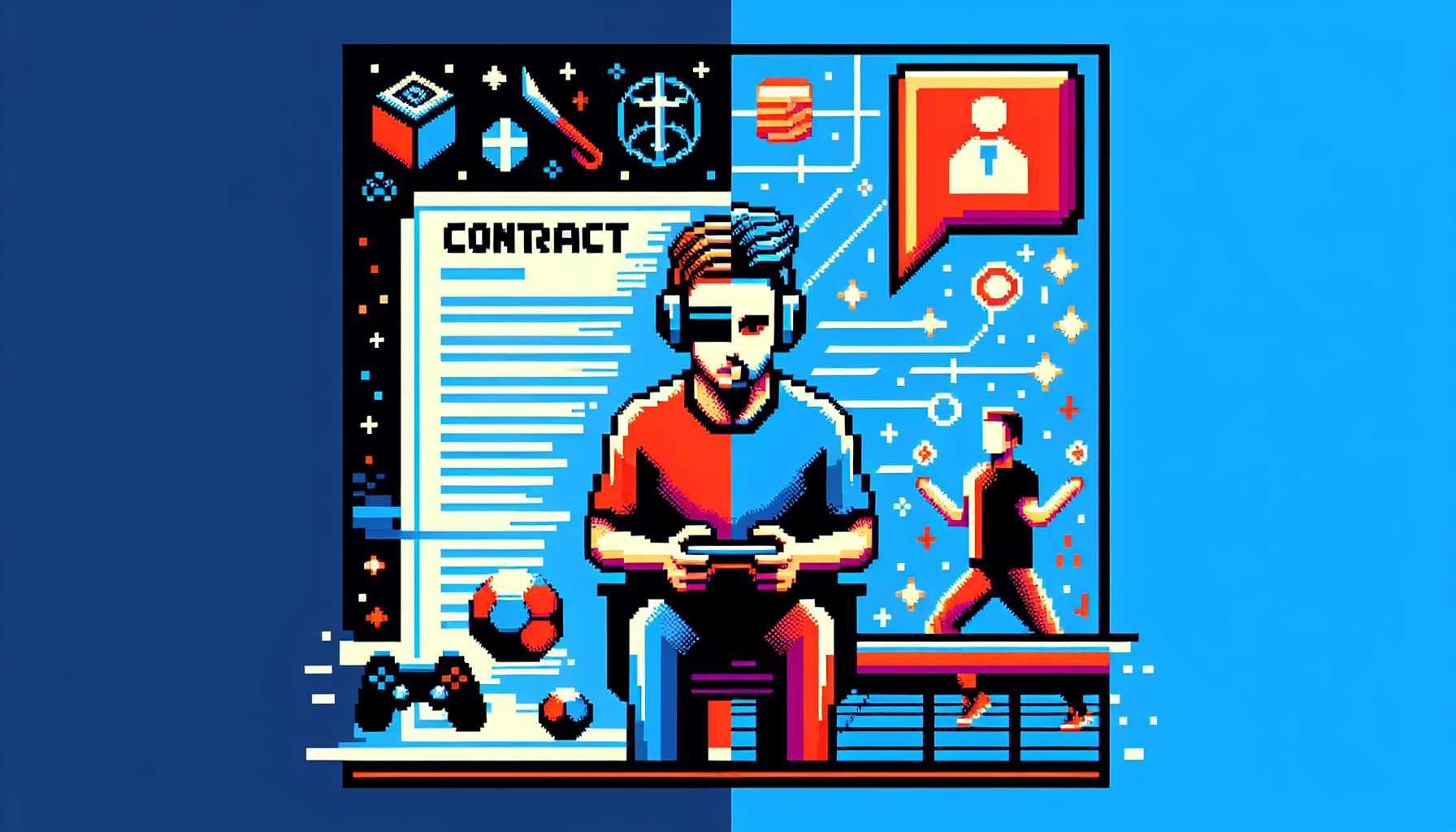 Create a colorful, modern 8-bit style pixel art. The content should be an interpretation of Esports Player Contracts. Illustrate a player in the midst of gameplay next to a representative icon of a contract. The image contains no words but uses captivating visuals to convey an understanding of Esports Player Contracts.