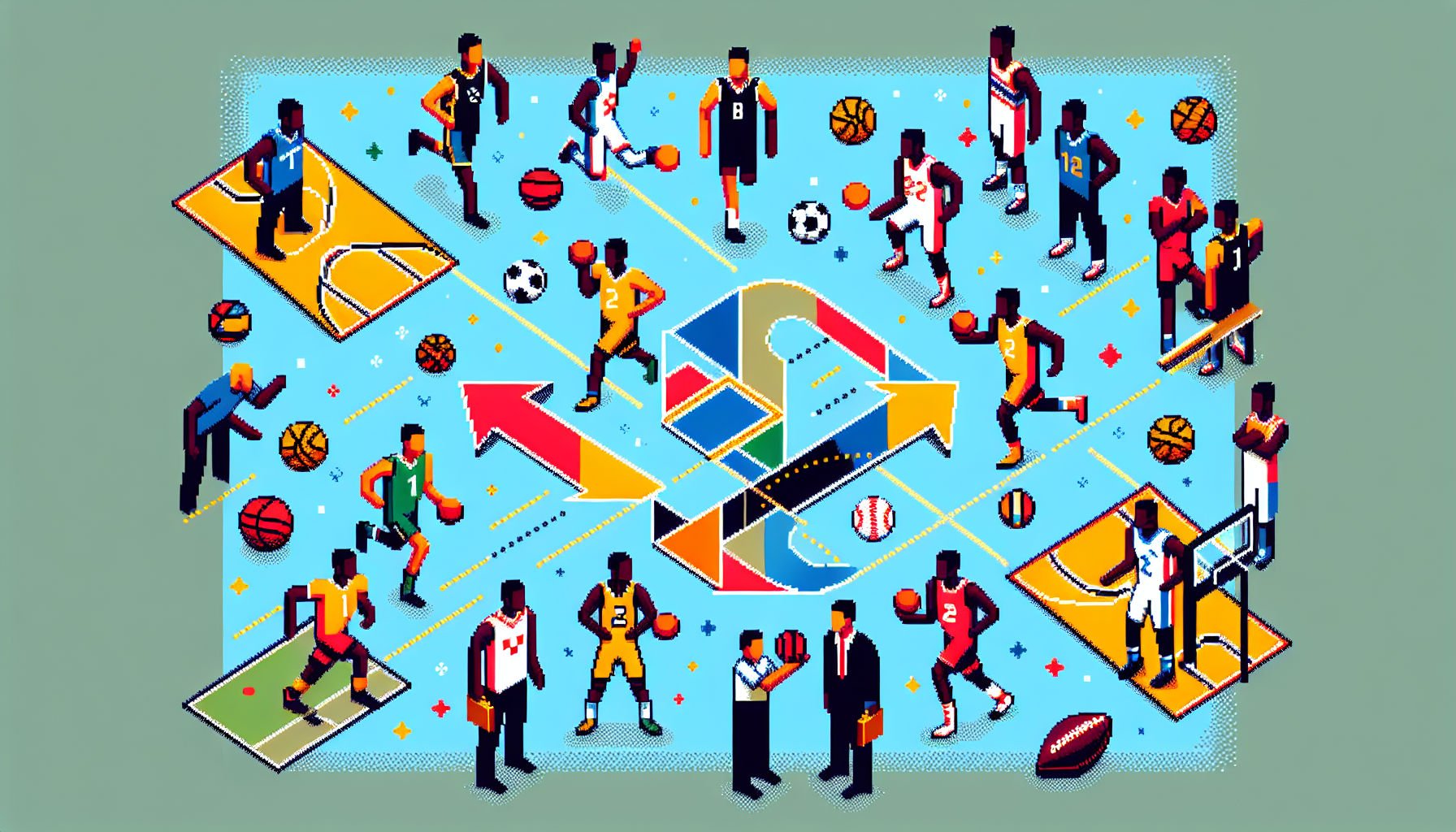 Create a colorful, modern illustration of player transfers and roster changes in sports. The scene should include a representative handful of sports such as basketball, soccer, and baseball. Players should be shown changing teams, with graphics like arrows or dotted lines to indicate movement. The athletes should include a balanced mix of men and women from various descents, such as Black, Hispanic, Caucasian, and Middle-Eastern. All of this should be in the style of 8-bit pixel art.