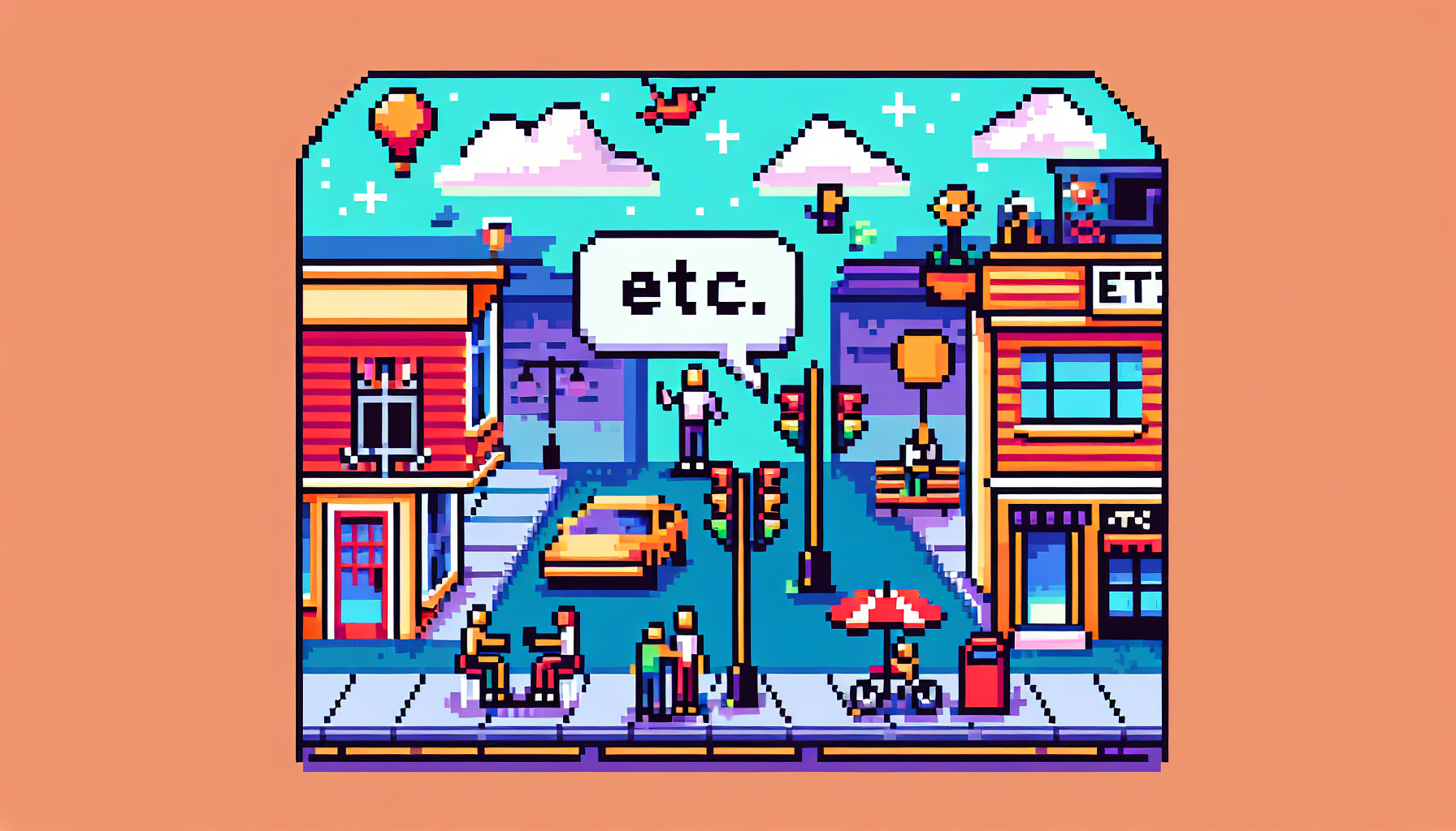 Create a pixel art illustration in 8-bit style that visually explains the use of the term 'Etc.' in writing. The scene should be colorful and adopt a modern approach in its depiction. The image should display diverse situation examples where 'Etc.' could be properly applied. No words or captions are to be included, the illustration needs to convey the message independently.